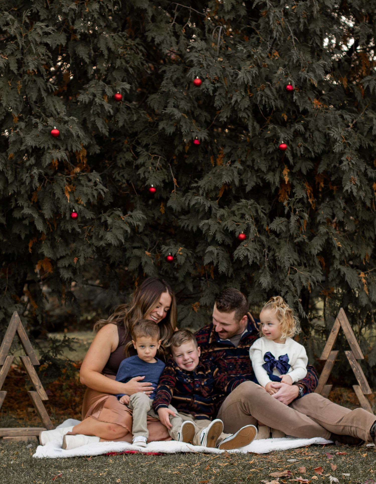 Family of five sitting on blanket in front of trees with Christmas decorations in Columbus Ohio