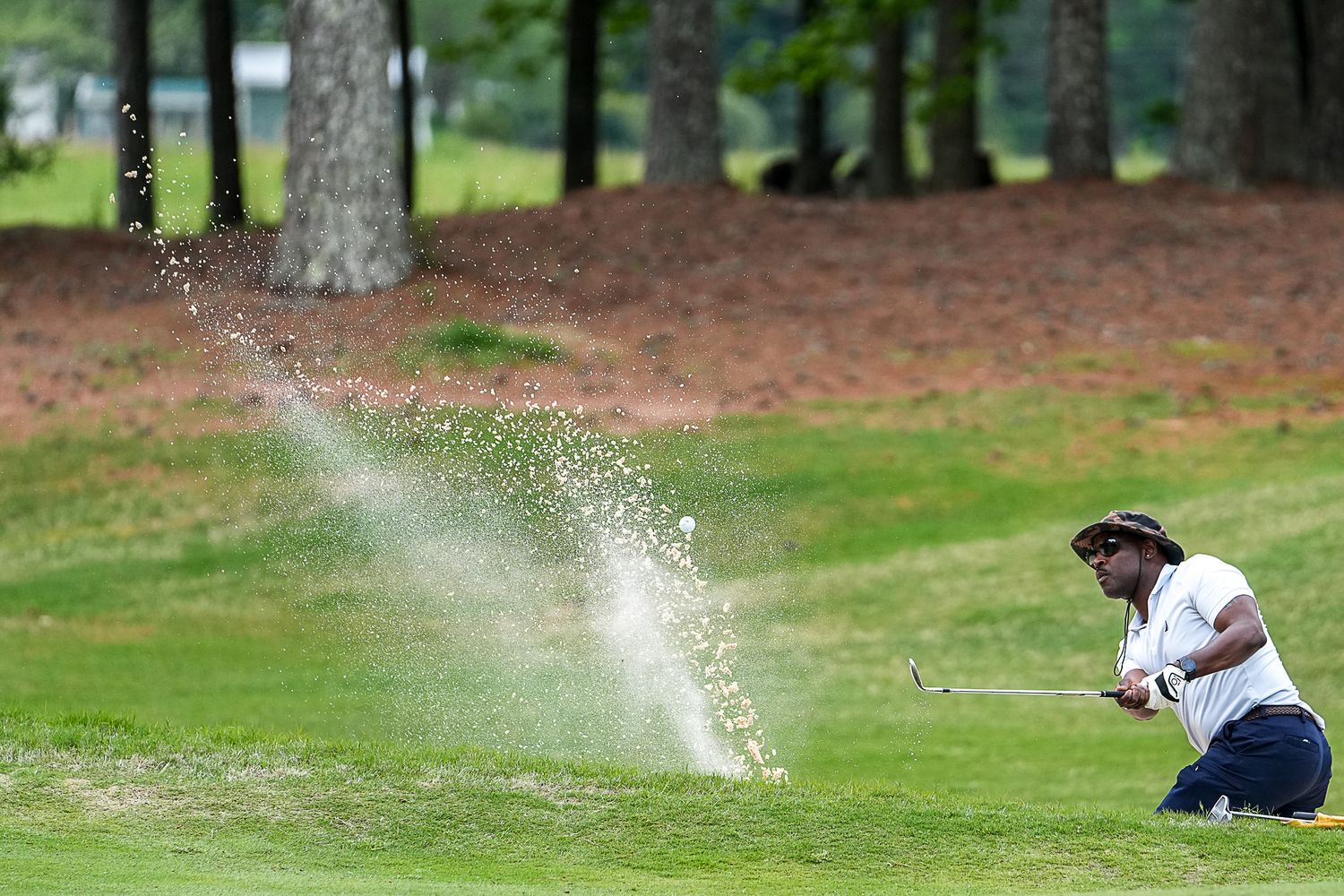 Golfer hitting a sand bunker shot on a lush green golf course surrounded by pine trees.