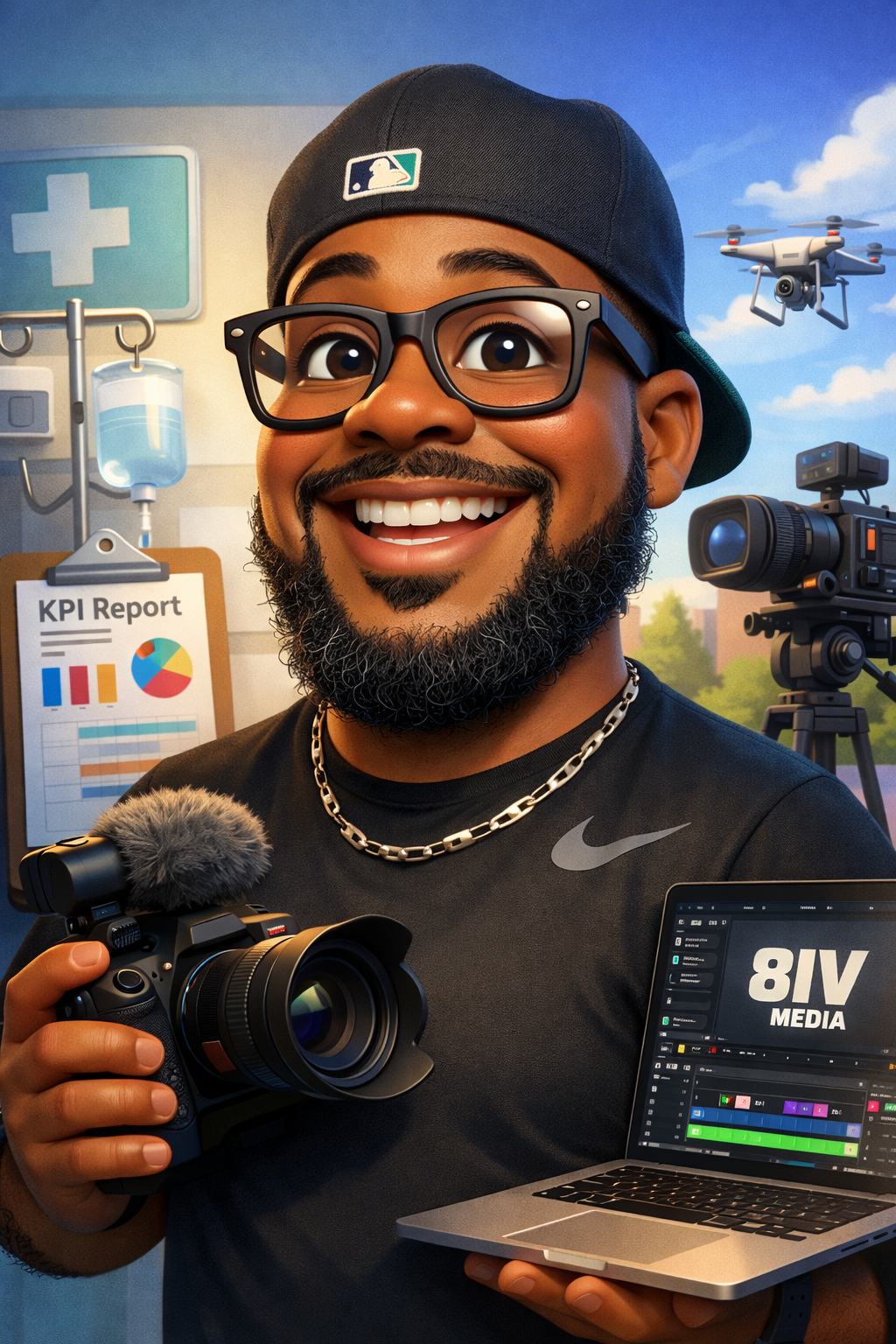 Smiling man with glasses and cap holds camera and laptop showing 8IV Media logo, with KPI report and drone in background.