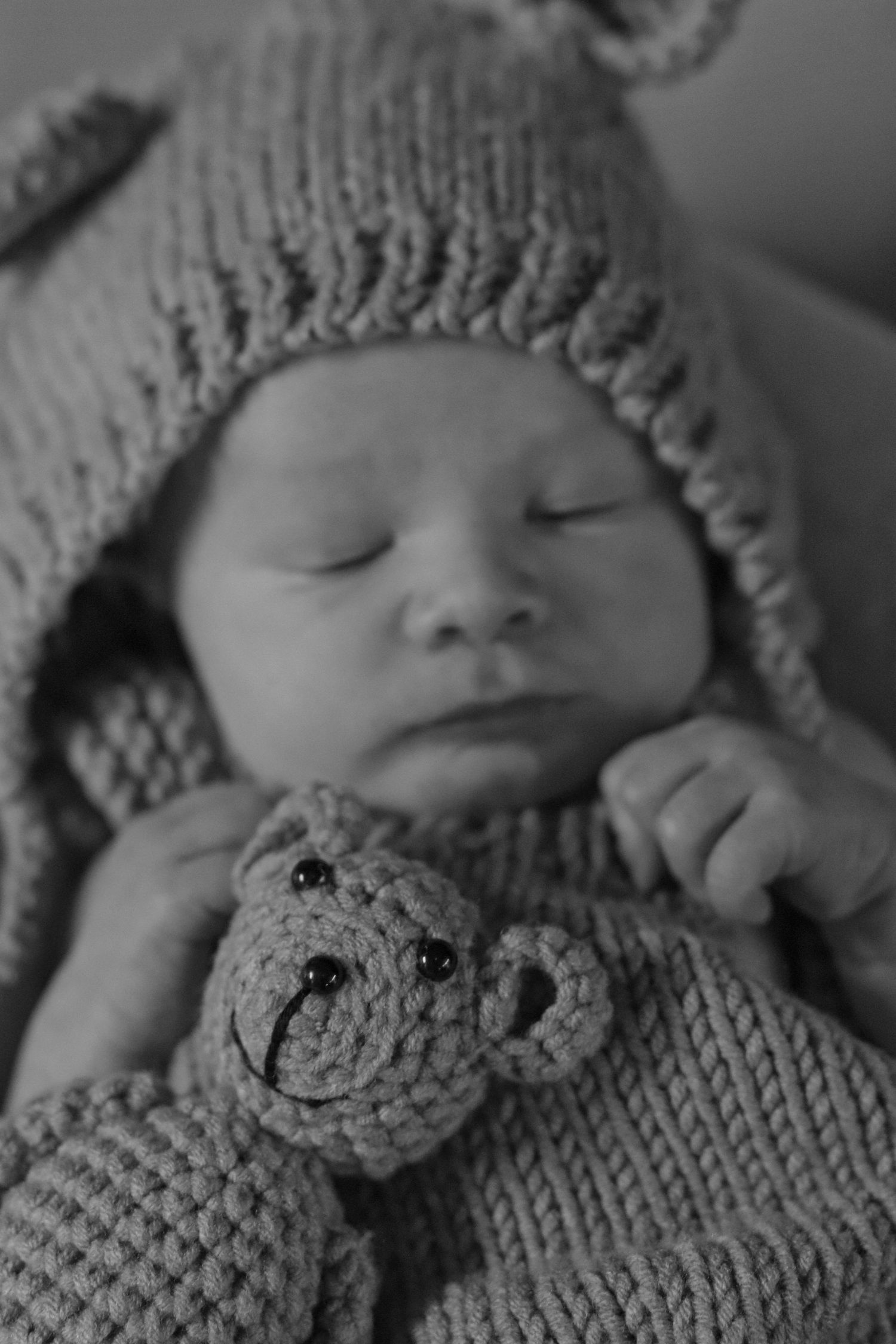 Black and white portrait of sleeping newborn in knit bear hat holding stuffed bear.