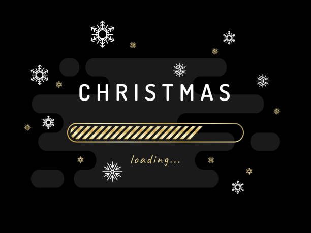 Black Christmas loading screen with gold progress bar, snowflakes, and festive holiday typography on dark background.