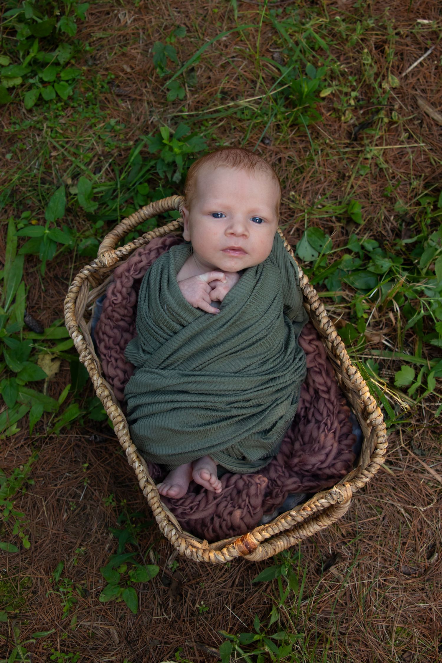 Newborn baby swaddled in green wrap resting in a wicker basket lined with pink blanket outdoors on grass.