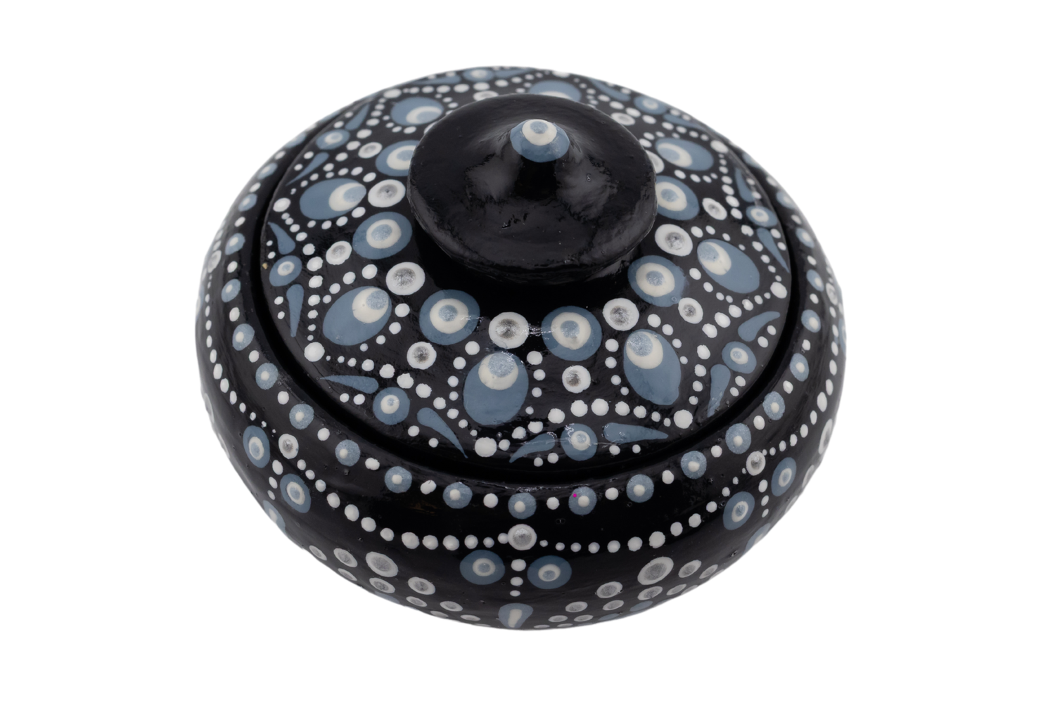 Black decorative round box with intricate white and gray dot art pattern, featuring a knob lid on white background.