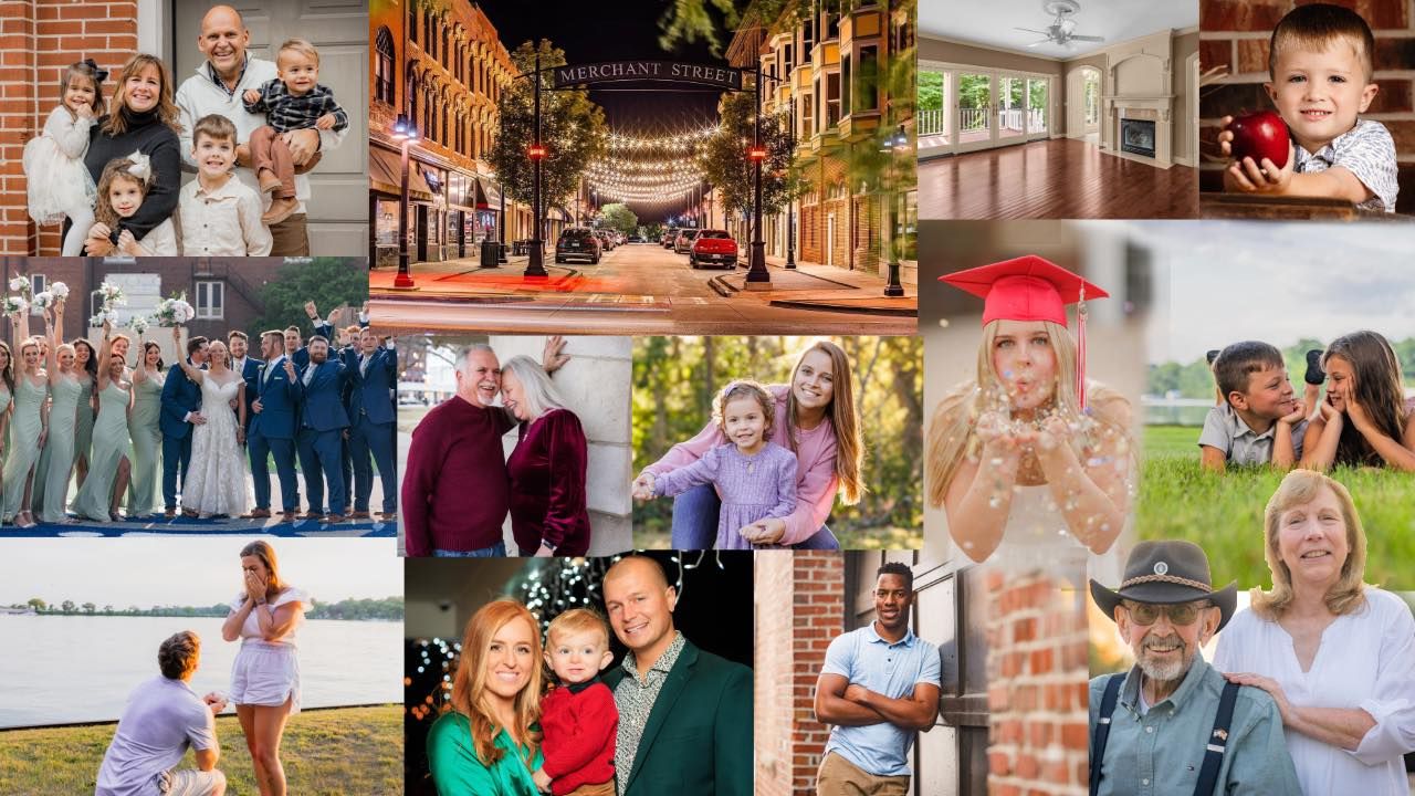 A collage of family portraits, a wedding party, graduation, and outdoor gatherings celebrating life milestones.