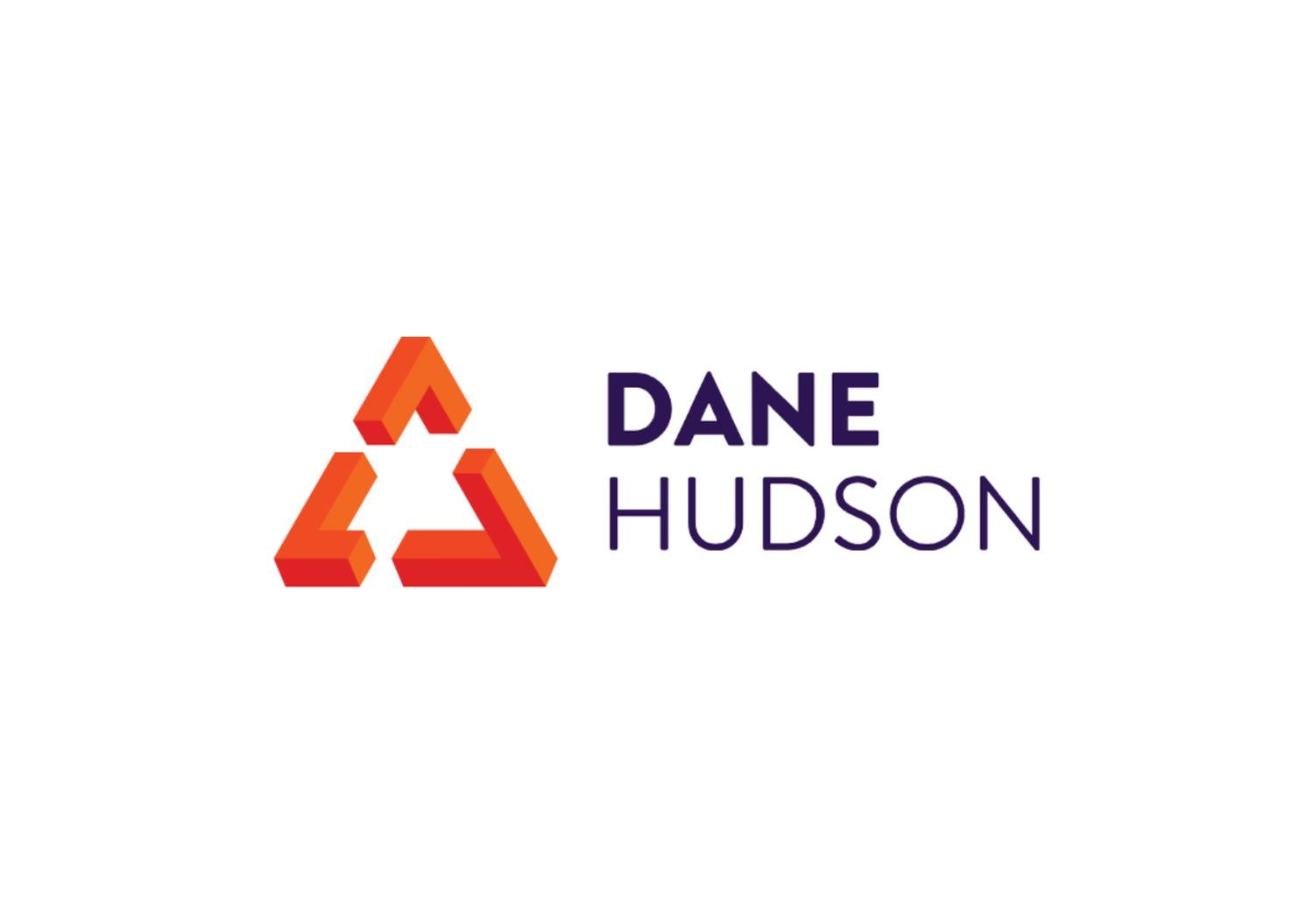 Dane Hudson logo with orange 3D triangle arrow icon and purple text.