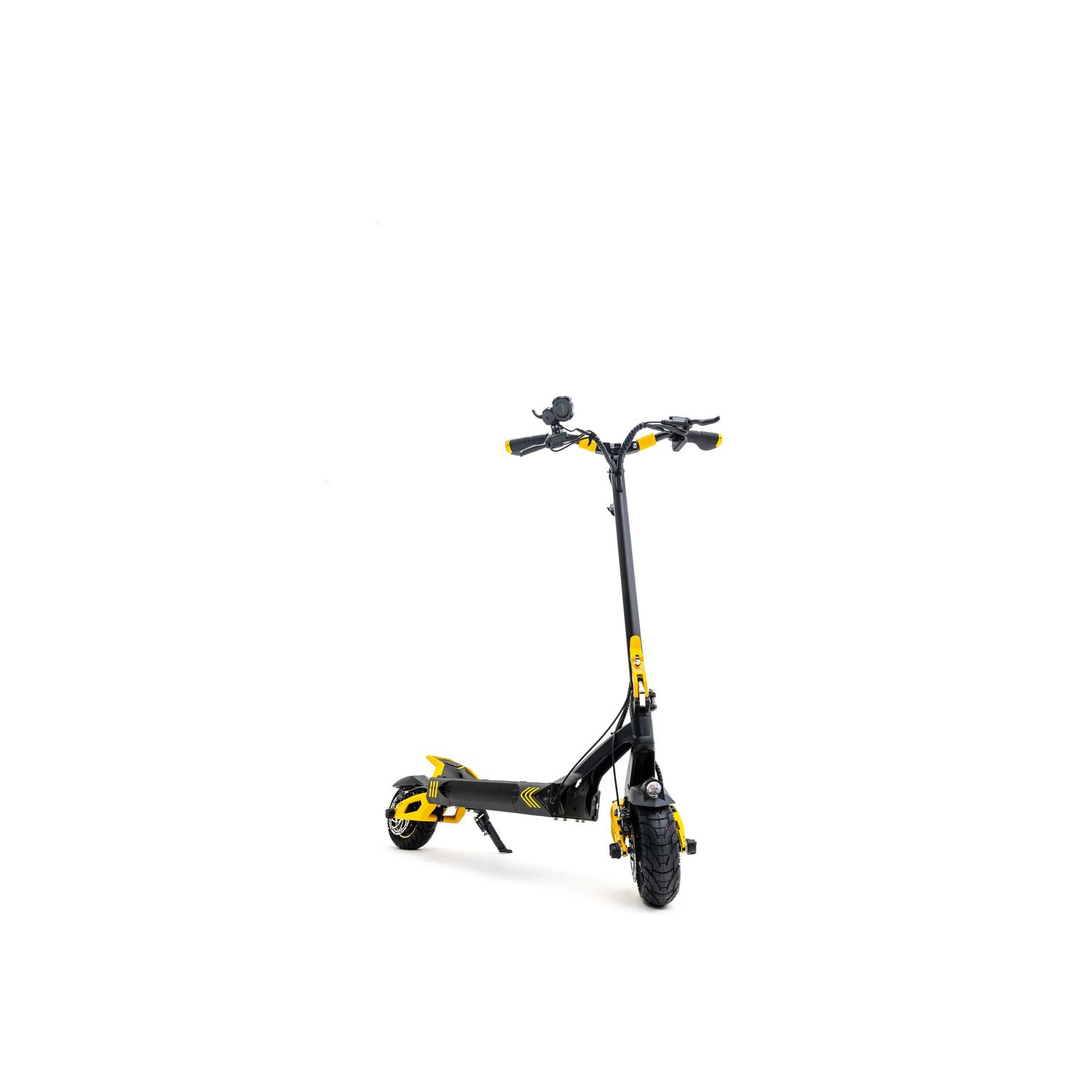 Black and yellow electric scooter with folding handlebar, dual motors, and off-road tires on white background.