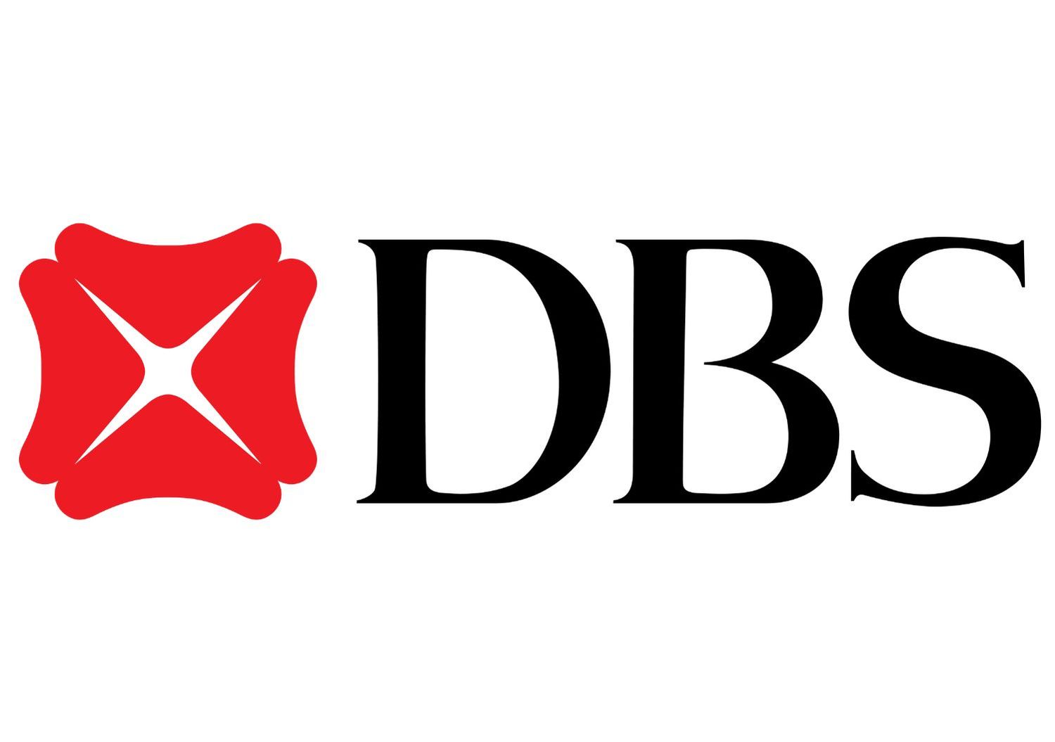 DBS bank logo with red geometric flower icon and bold black DBS text.
