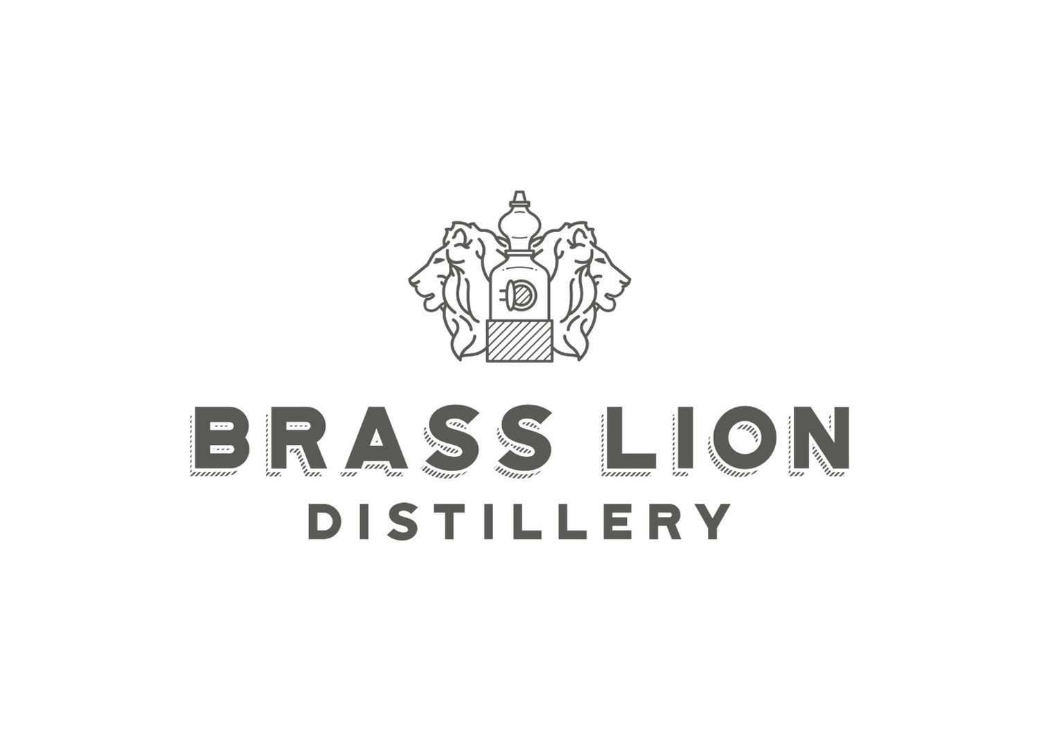 Brass Lion Distillery elegant grey illustrated crest logo on white background.