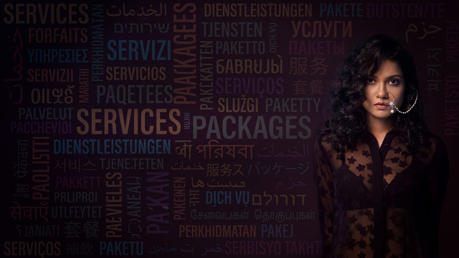 Woman in brown outfit poses against dark background with multilingual services and packages text wall.