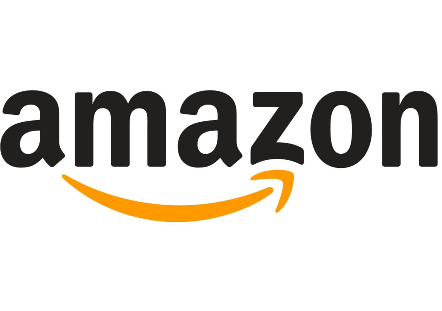 Amazon logo in black bold text with orange arrow smile beneath.