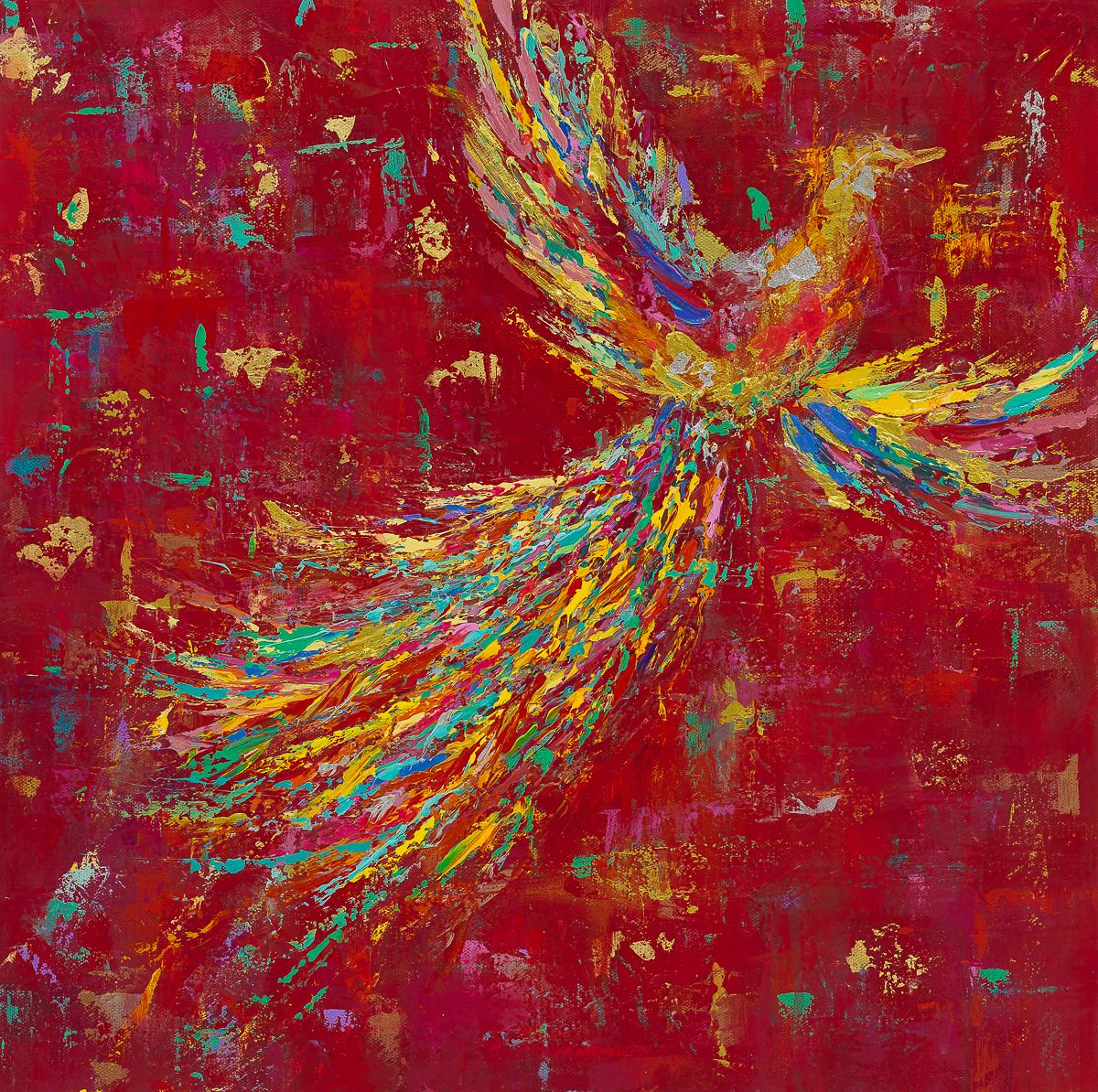 Vibrant abstract painting of a phoenix in flight with colorful feathers on a rich red textured background.