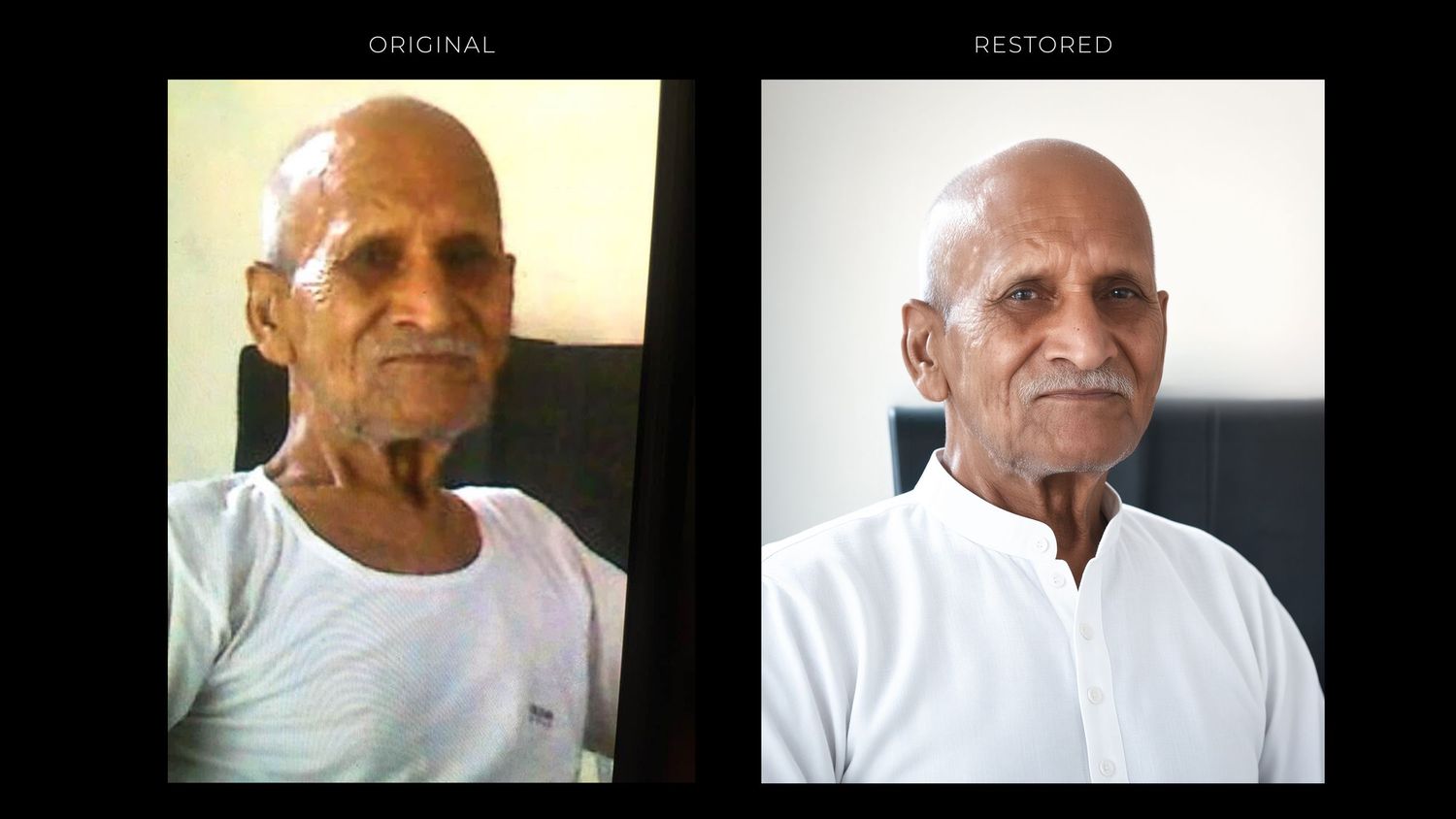 Side-by-side comparison of an elderly Indian man's original and restored portrait photographs.