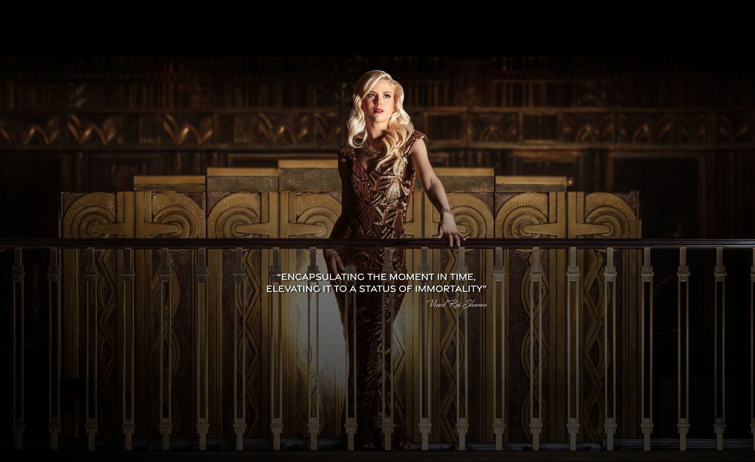 Blonde woman in sequin gown on balcony with elevating to immortality quote overlay.