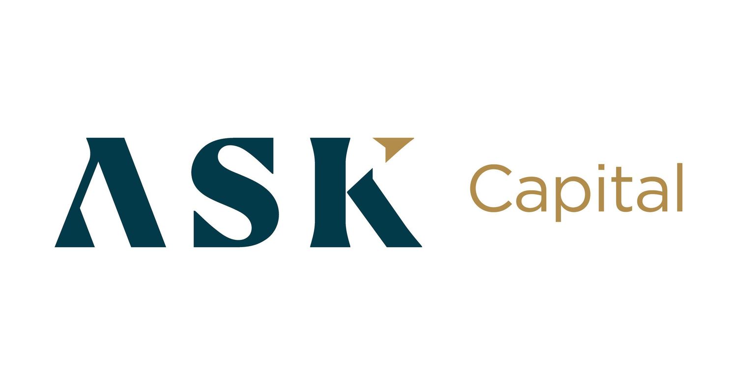ASK Capital logo with dark teal letters and gold accent on white.