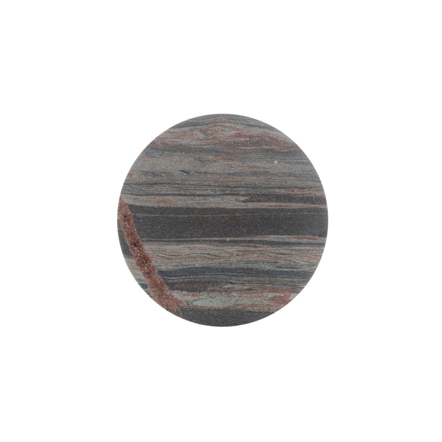 Round stone coaster with natural gray and brown striped marble pattern, smooth polished surface.