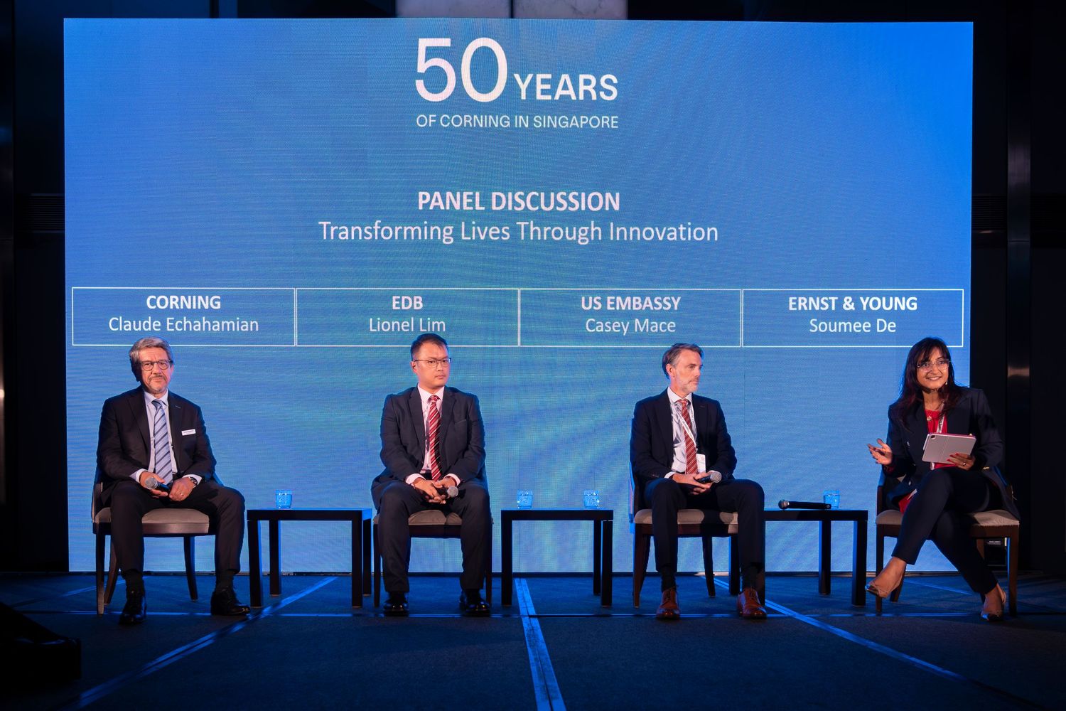Panel discussion on Transforming Lives Through Innovation at Cornings 50 years in Singapore anniversary event.