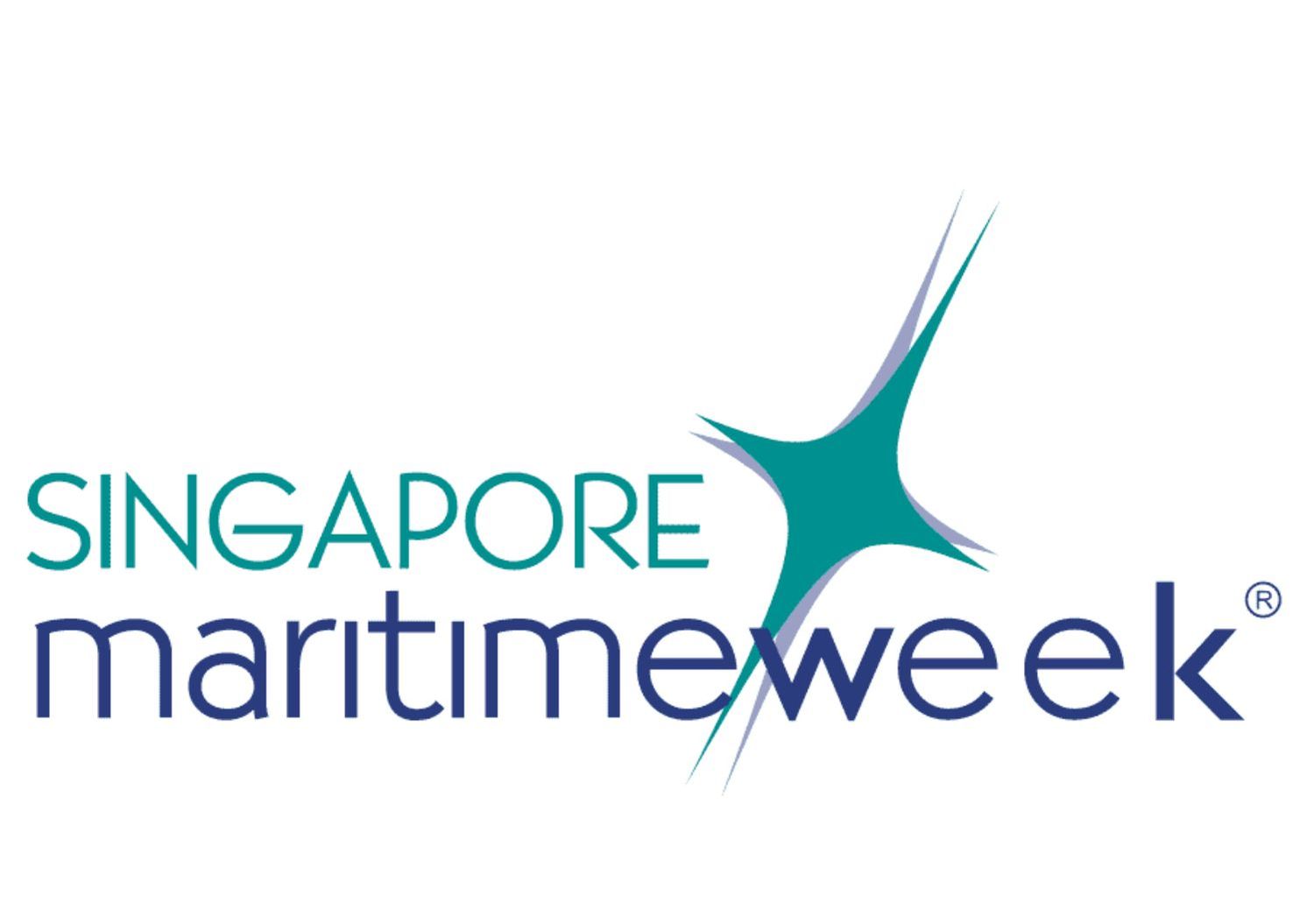 Singapore Maritime Week logo with teal star burst design on white background.