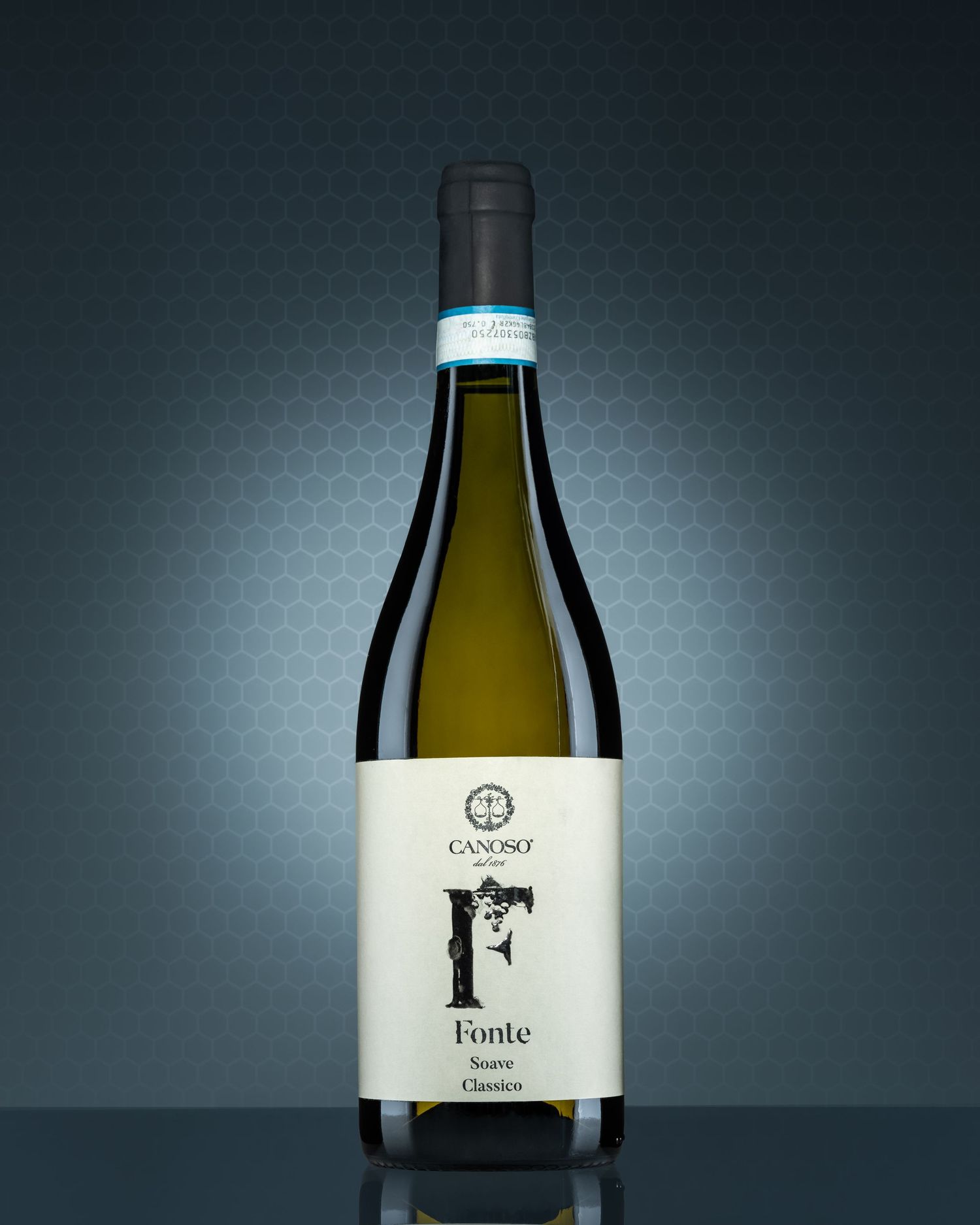 Canoso Fonte Soave Classico white wine bottle with elegant label on dark blue hexagonal background.