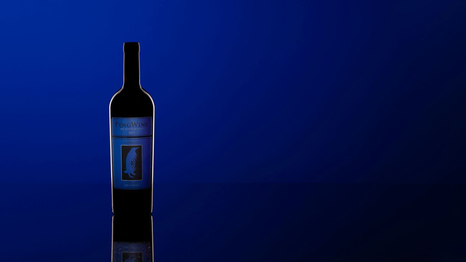 A single dark wine bottle with a blue label displayed against a deep blue background with dramatic lighting.