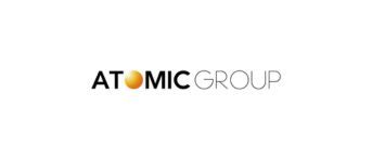 Atomic Group logo featuring bold black typography and orange sphere accent.