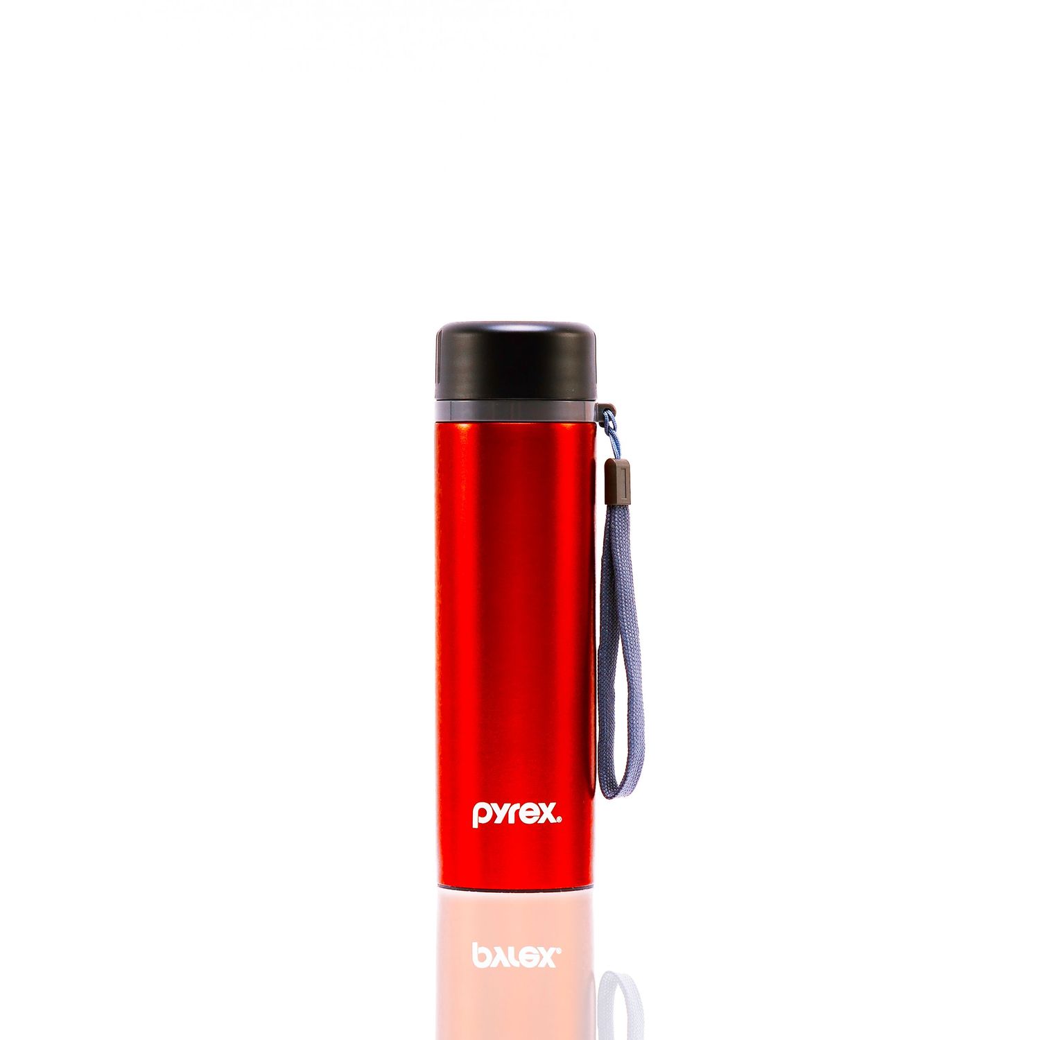 Red Pyrex insulated stainless steel water bottle with black lid and gray wrist strap on white background.