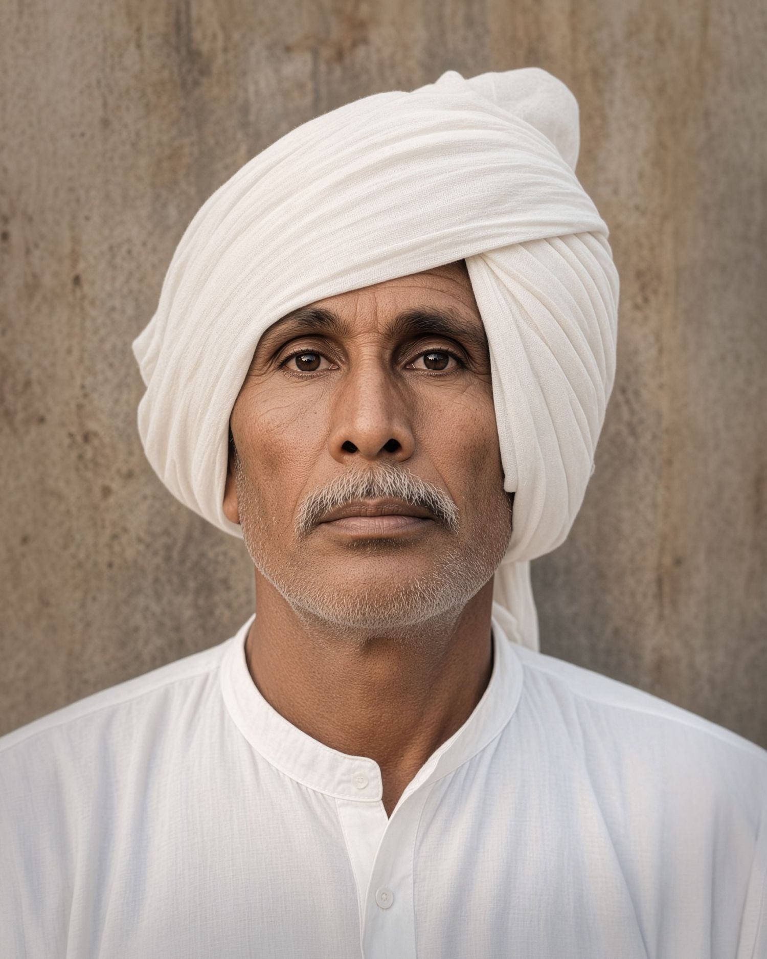 Portrait of a South Asian man wearing a white turban and white traditional clothing against a neutral background.