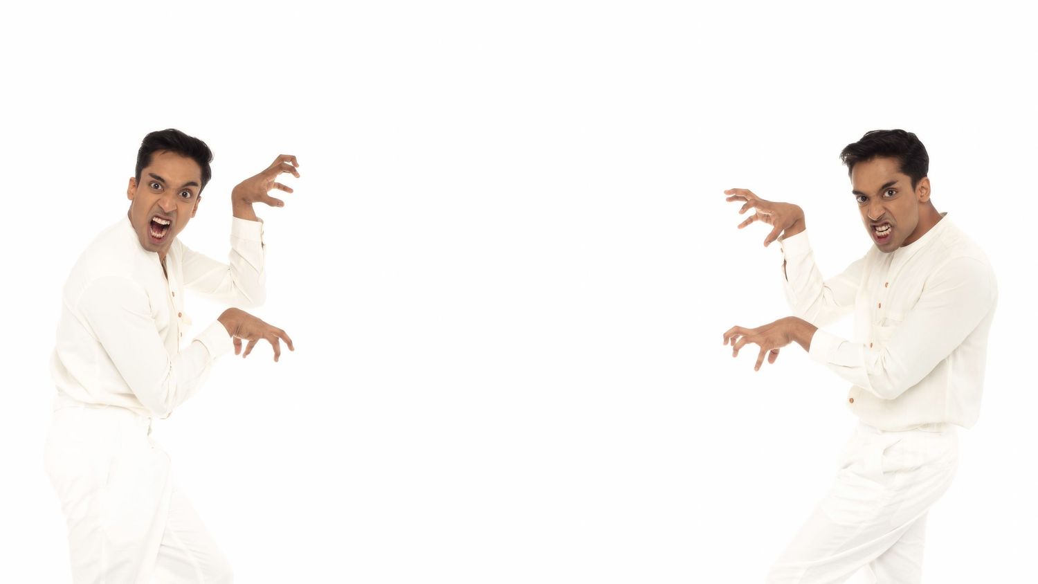 Man in white outfit striking a dramatic pose, mirrored twice against a white background.