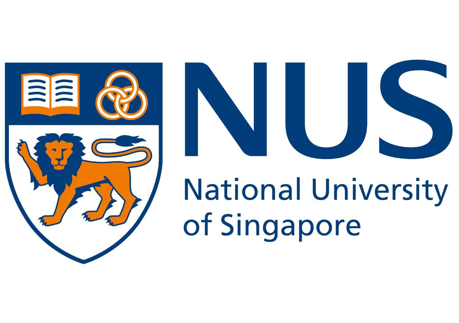 NUS National University of Singapore logo with lion crest shield in blue and orange.