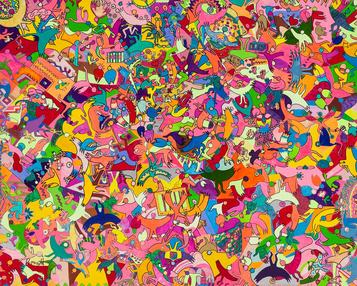 Vibrant, chaotic pop art collage featuring densely packed colorful cartoon figures and abstract shapes in pink, yellow, and green.