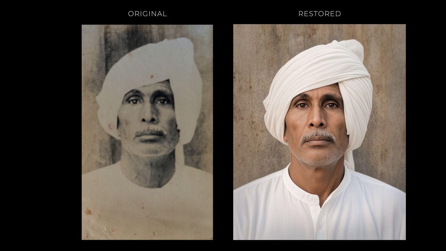 Side-by-side comparison of an original faded vintage photo and a colorized restored portrait of an Indian man in a white turban.