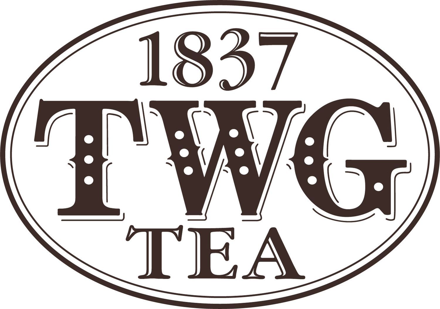 TWG Tea 1837 vintage oval emblem logo in brown and white.