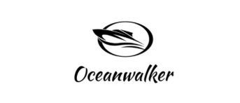 Oceanwalker logo with oval boat illustration and elegant script text.