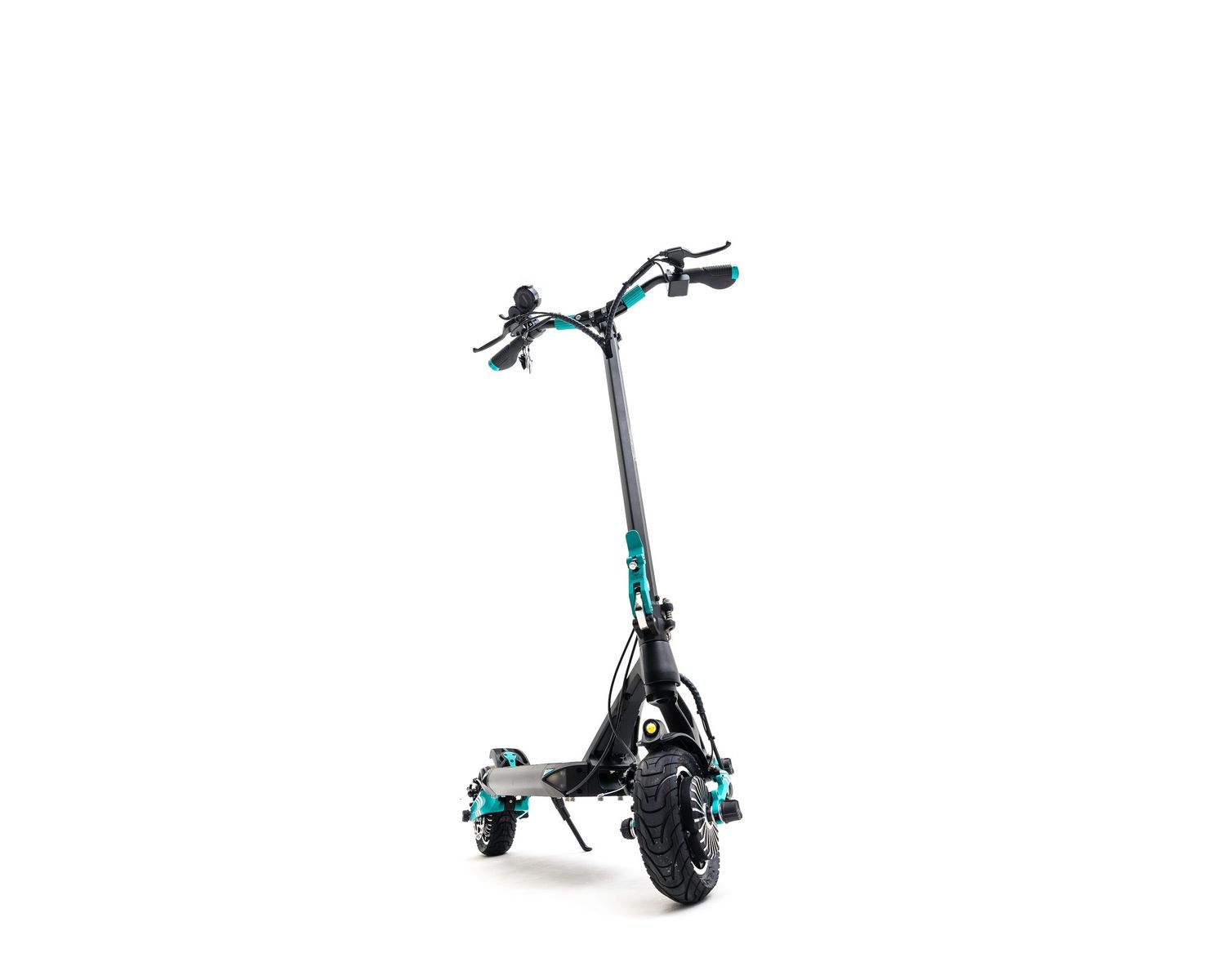 Black and teal electric scooter with dual wheels on white background.