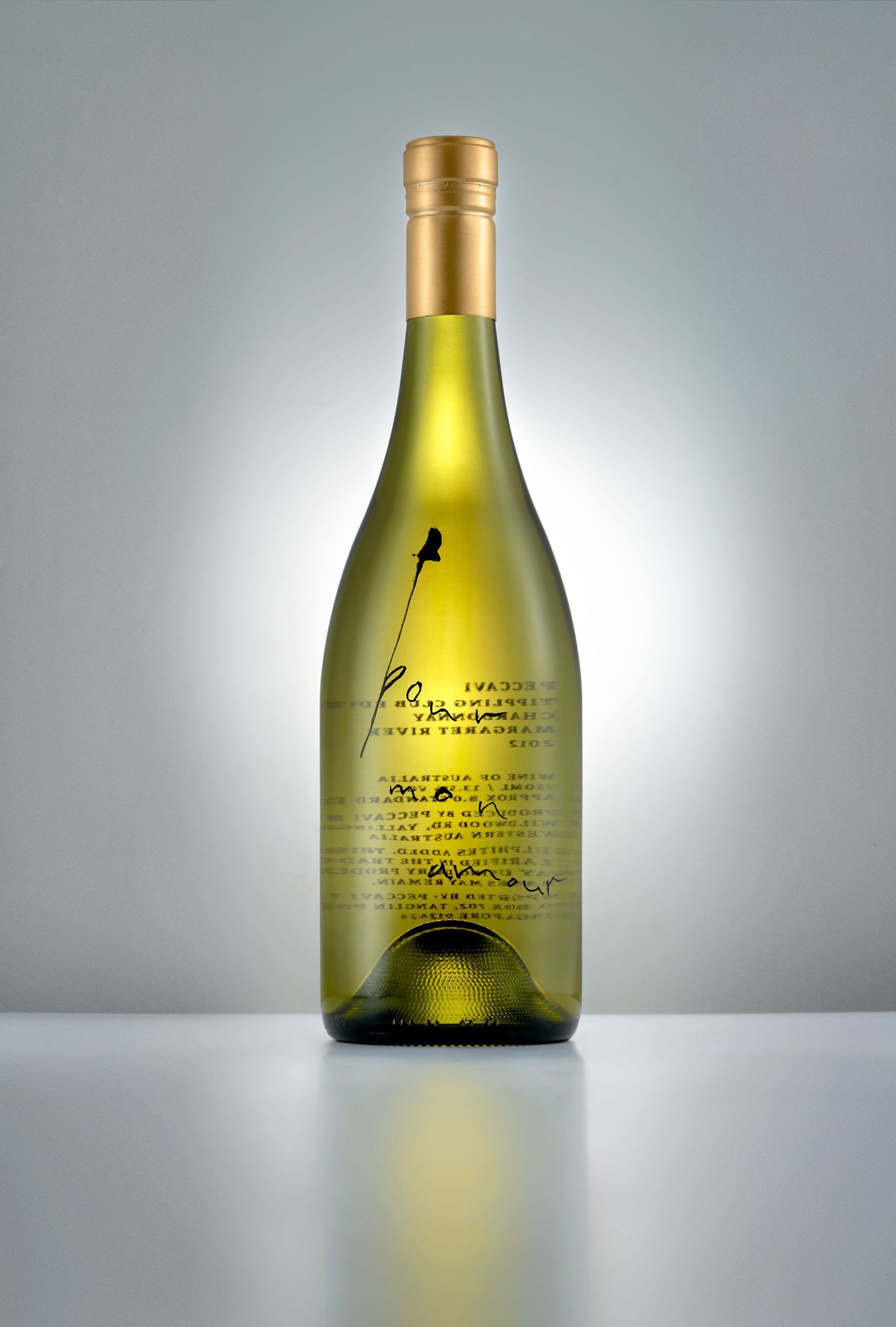 Green wine bottle with gold foil cap featuring elegant bird label design, displayed against gradient gray background.