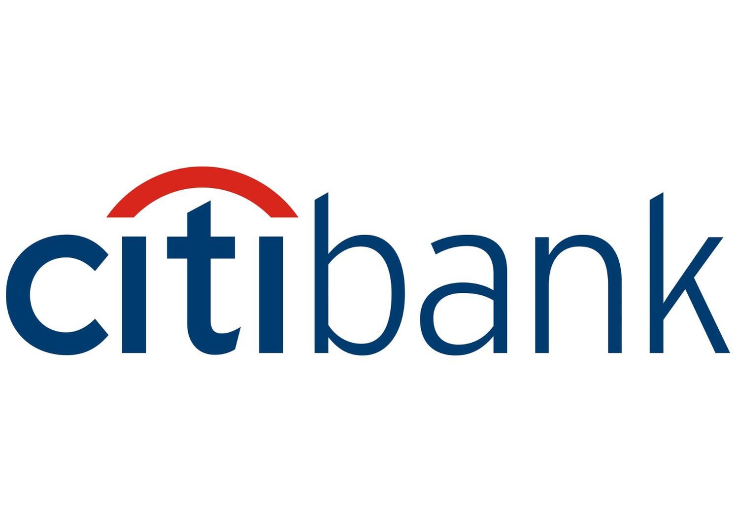 Citibank logo with blue lowercase text and red arc above the letter i.