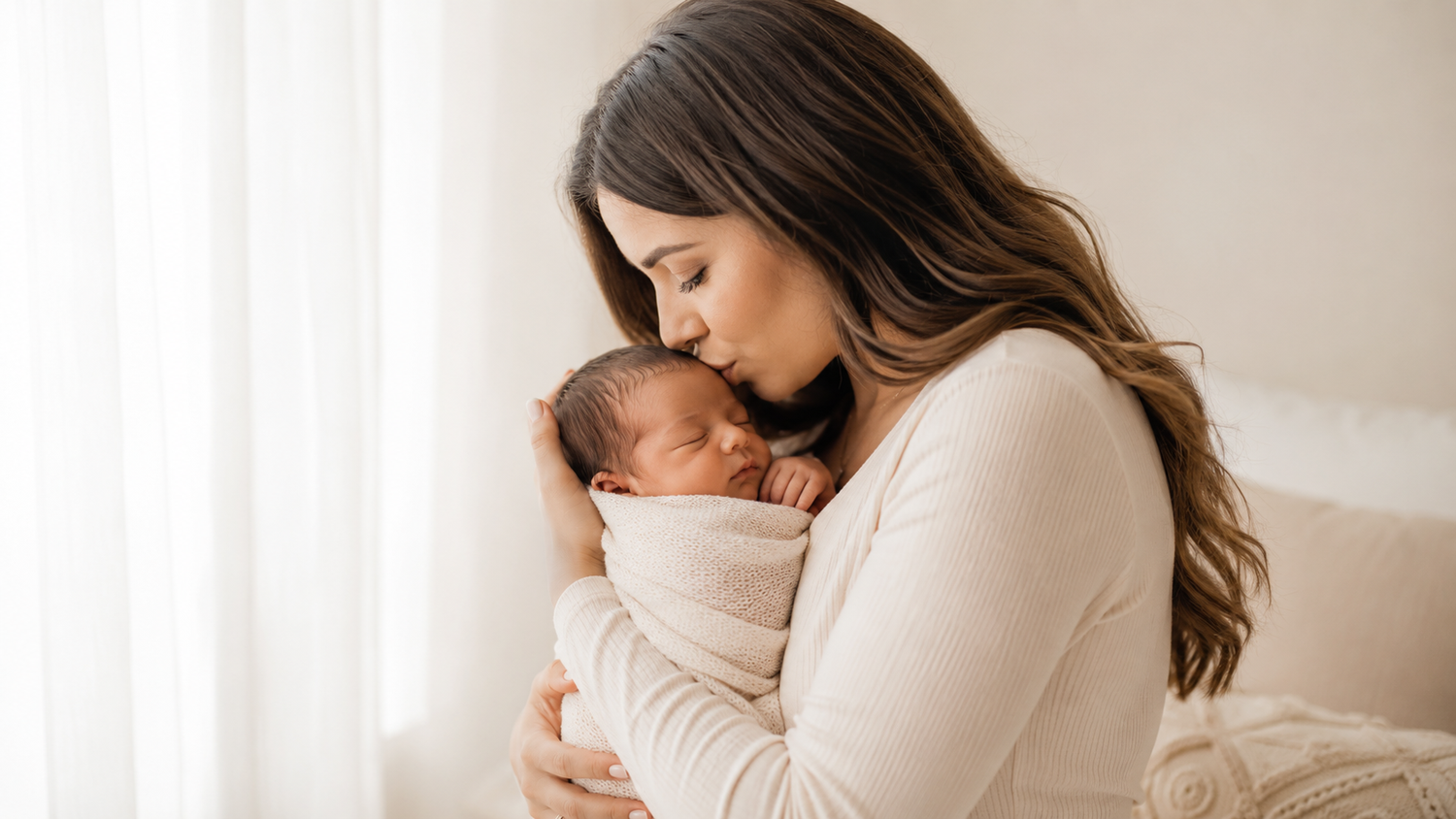 Studio photo maternité à Vevey, moment tendre entre une maman et son nouveau né