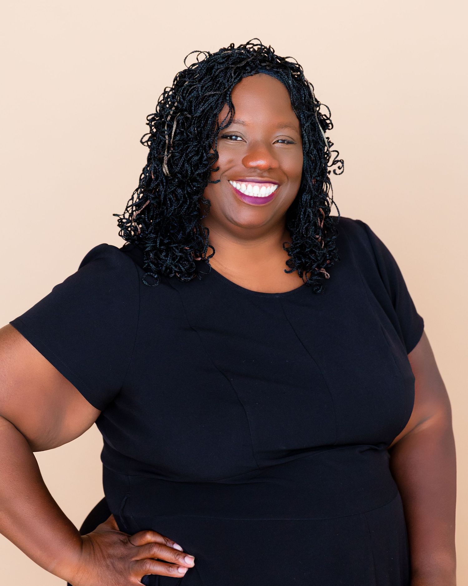 Portrait series showing person in black top with curly hair against neutral background.