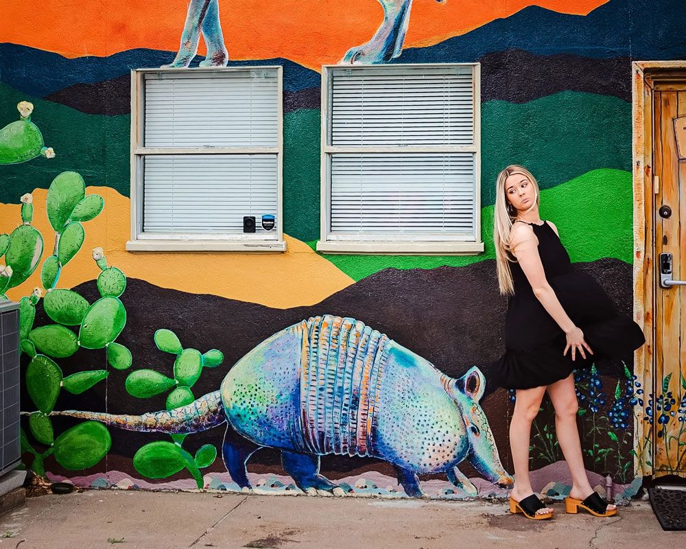 Colorful mural wall featuring painted armadillo and desert landscape.