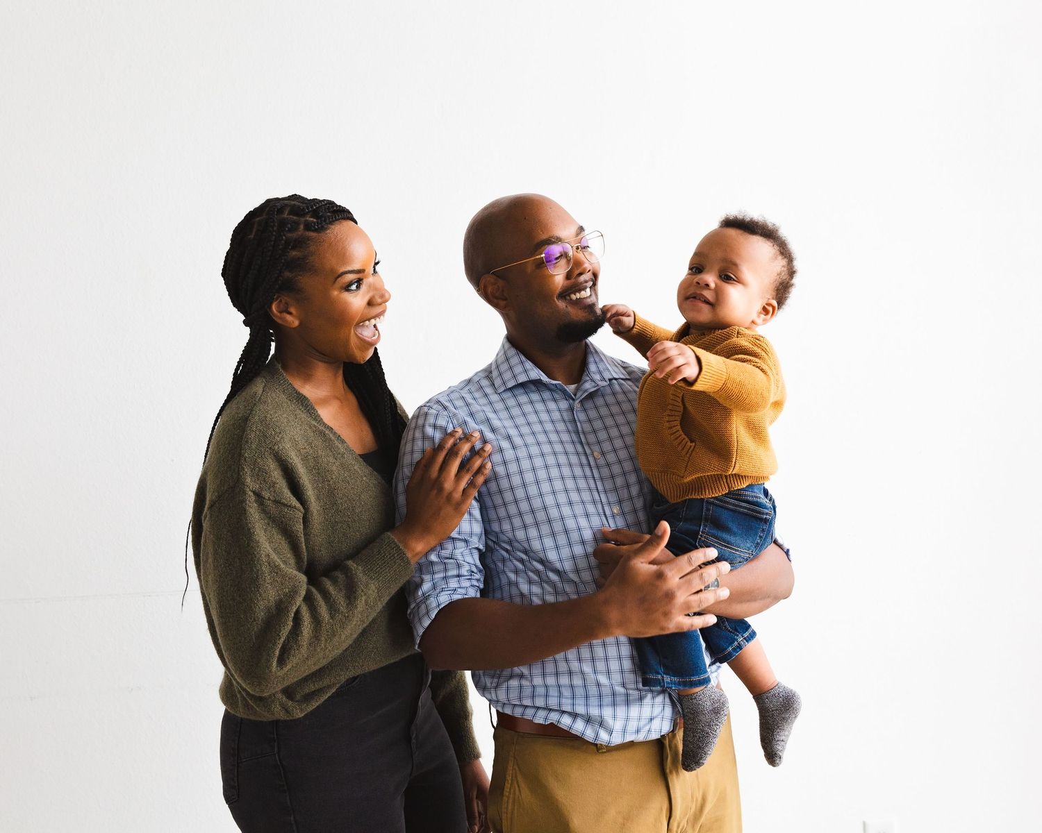 Candid family moments captured in sequence against white studio background.