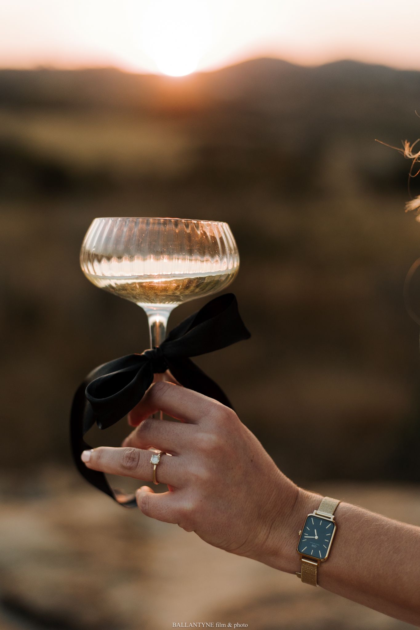 Hands holding vintage champagne coupes against a sunset backdrop.