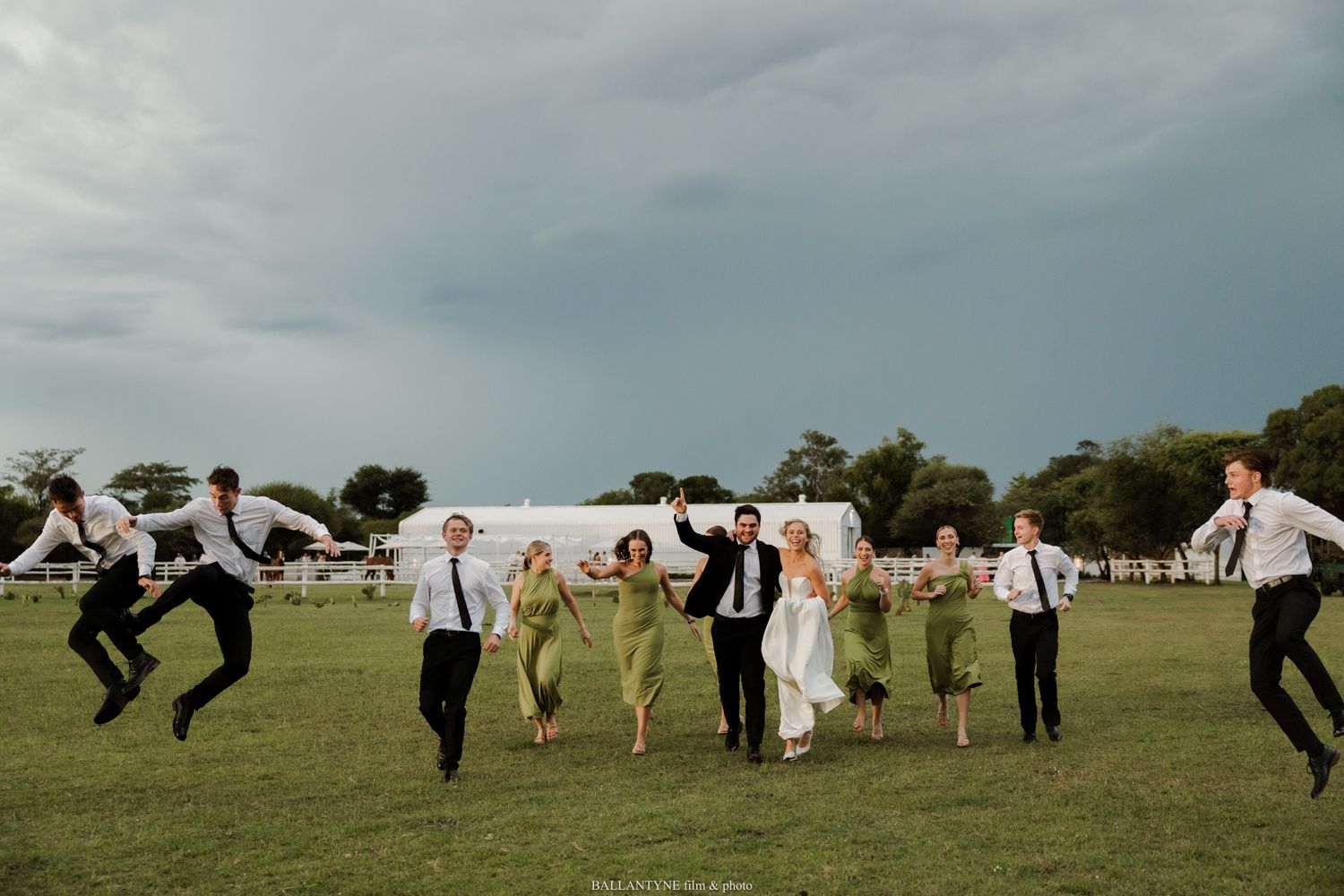 Wedding party jumping joyfully on green lawn with stormy sky, bride in white, bridesmaids in sage green dresses.