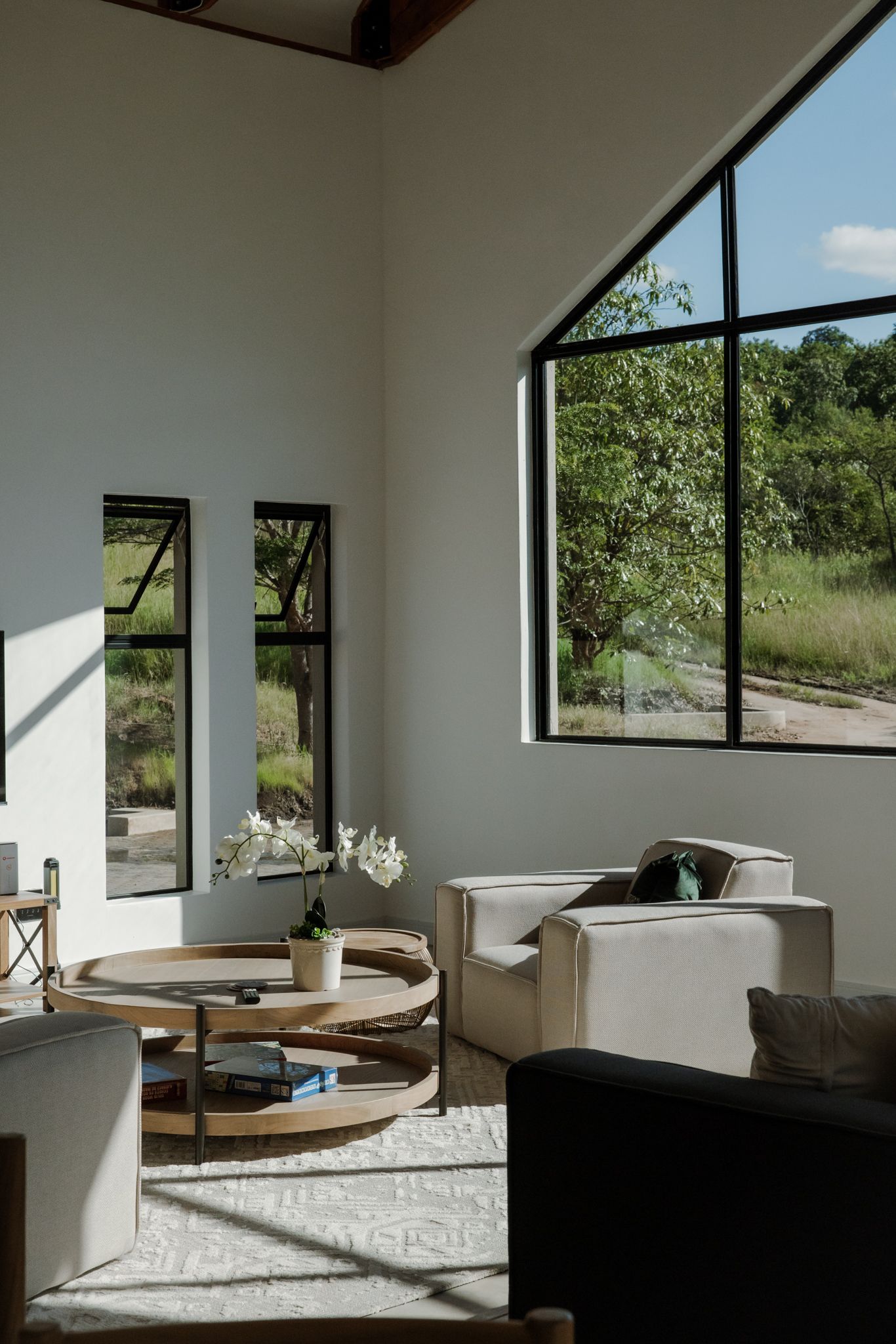 Minimalist living room with angled windows overlooking greenery and natural light illuminating white interior spaces.