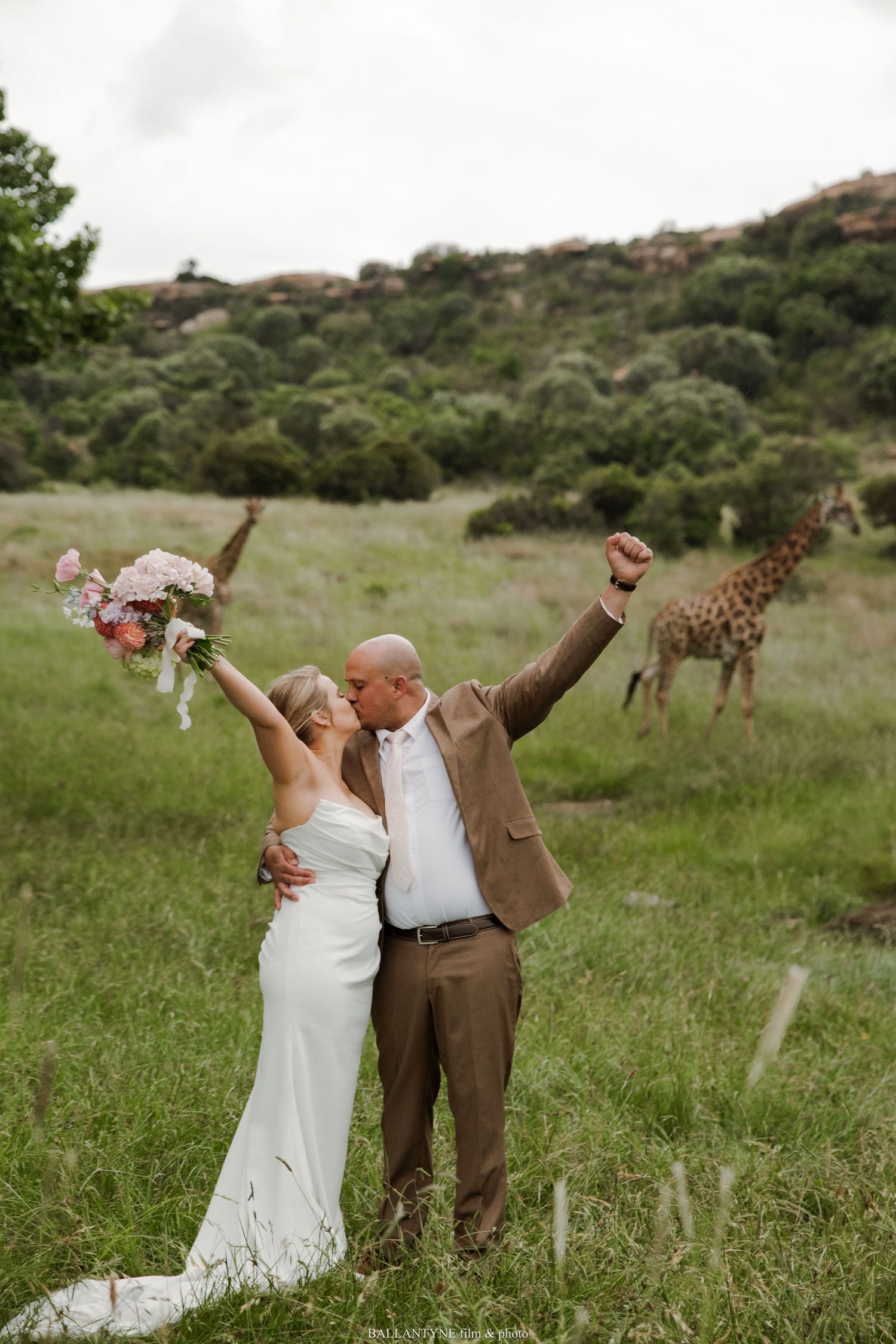 A joyful wedding couple celebrating with giraffes visible in the background.