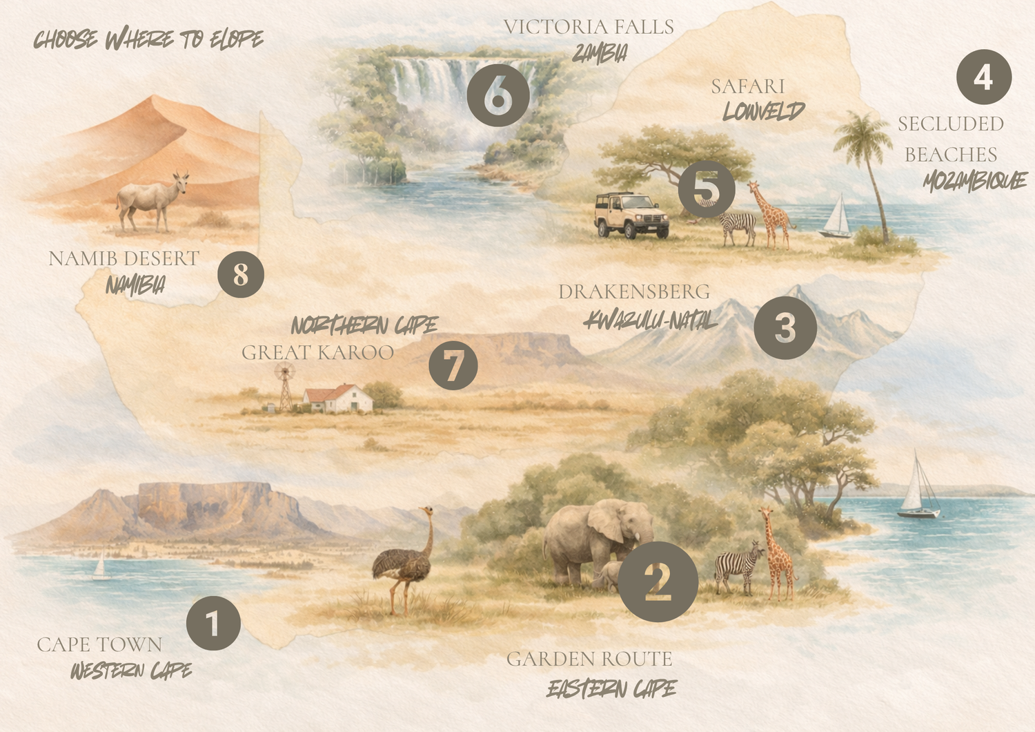 A panoramic watercolor illustration of desert landscapes with pyramids, palm trees, and oases along a timeline.