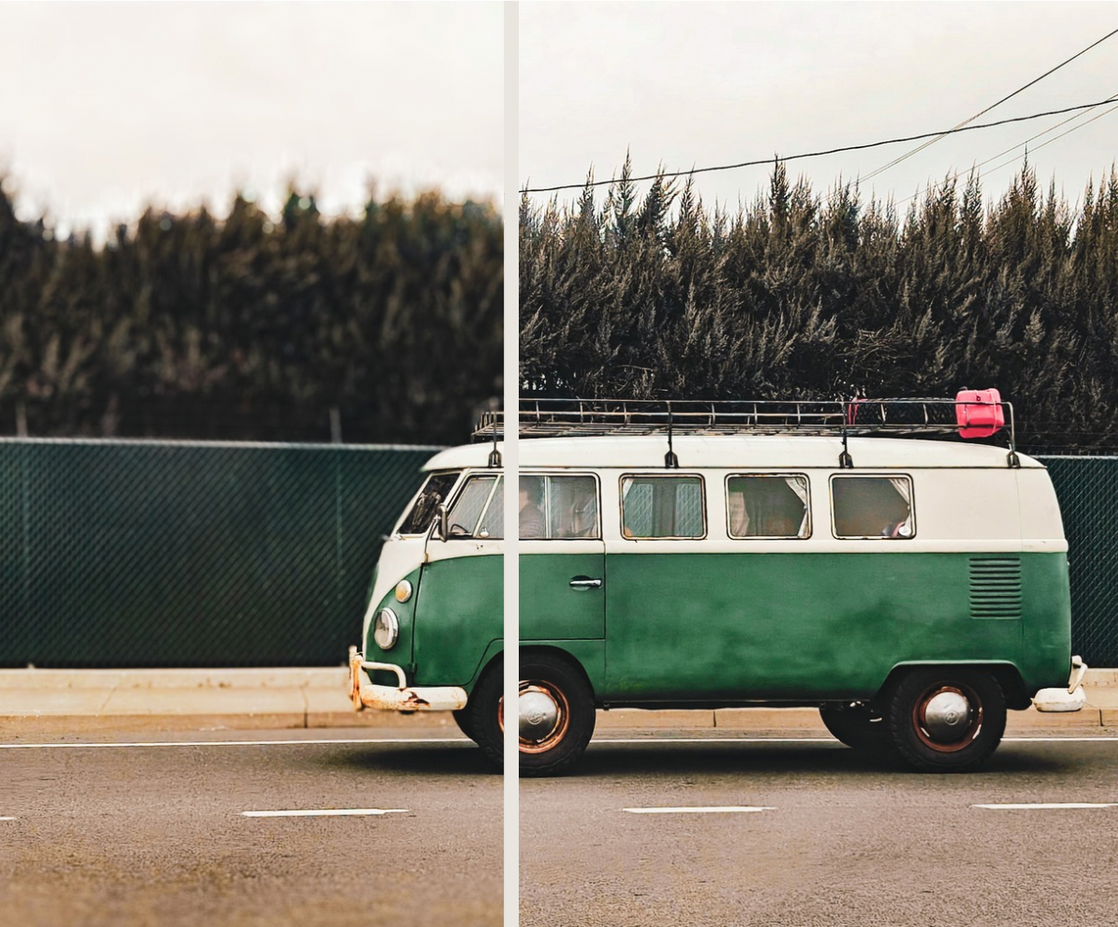 green van driving right to left old vintage blurry background