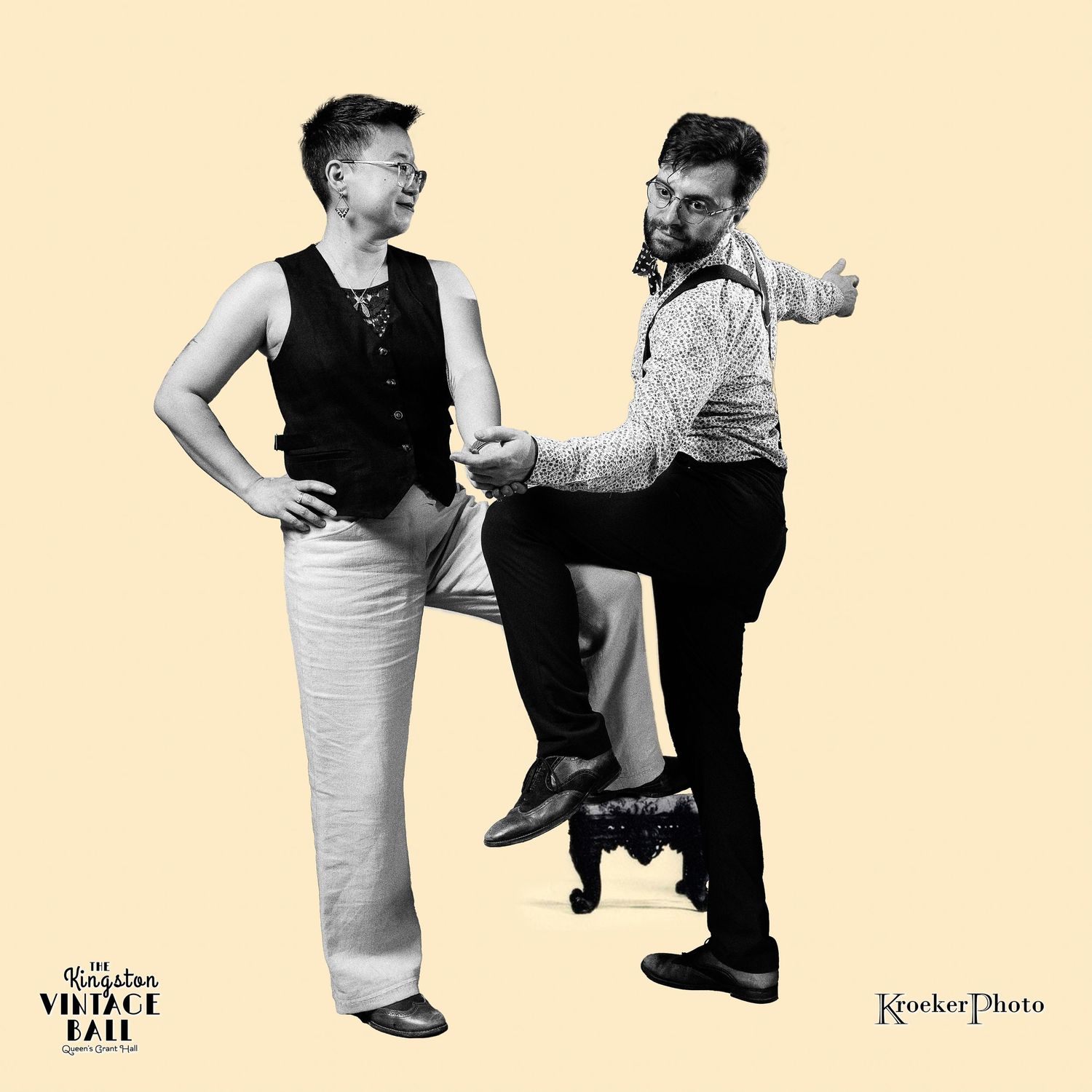 Vintage black and white photo of two dancers performing a lively swing dance move. A recreation of an album cover.
