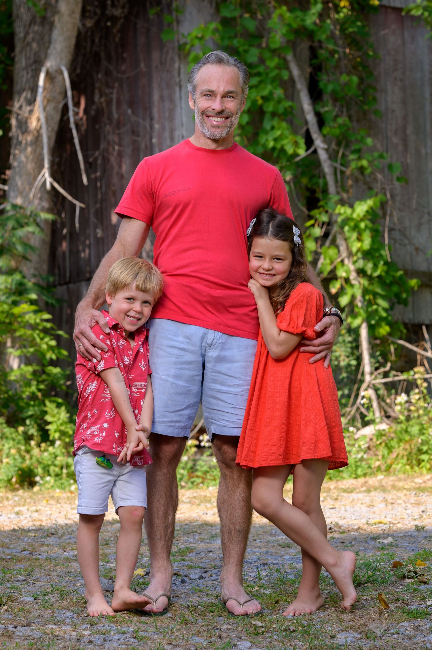 Series of casual outdoor portraits with people in red clothing standing together near trees.