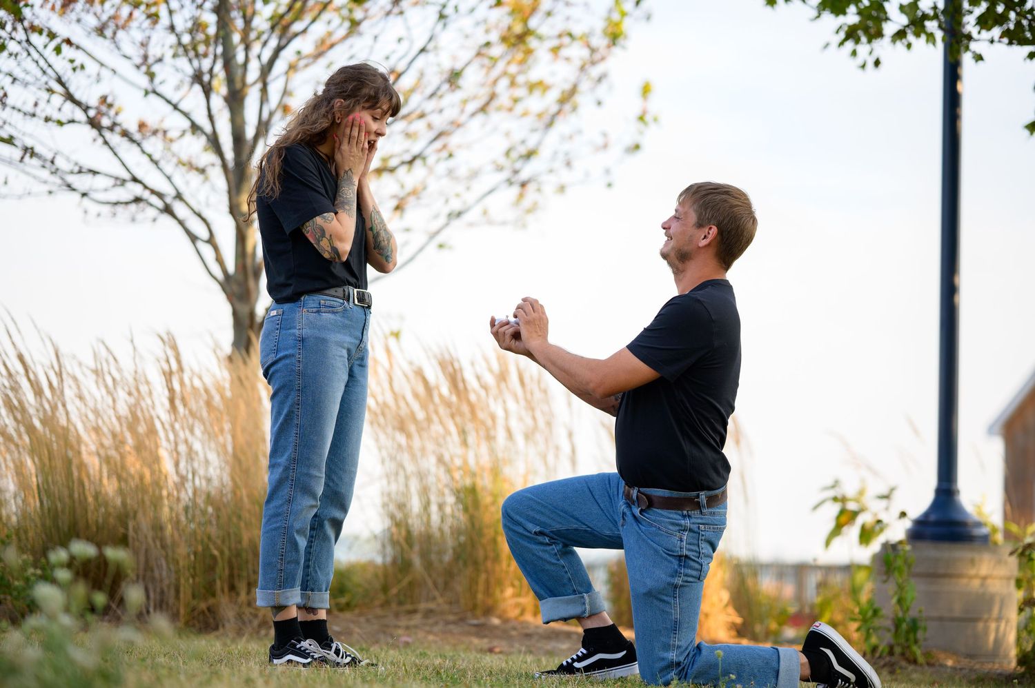 Sequence of outdoor proposal photos captured at sunset with natural scenery.