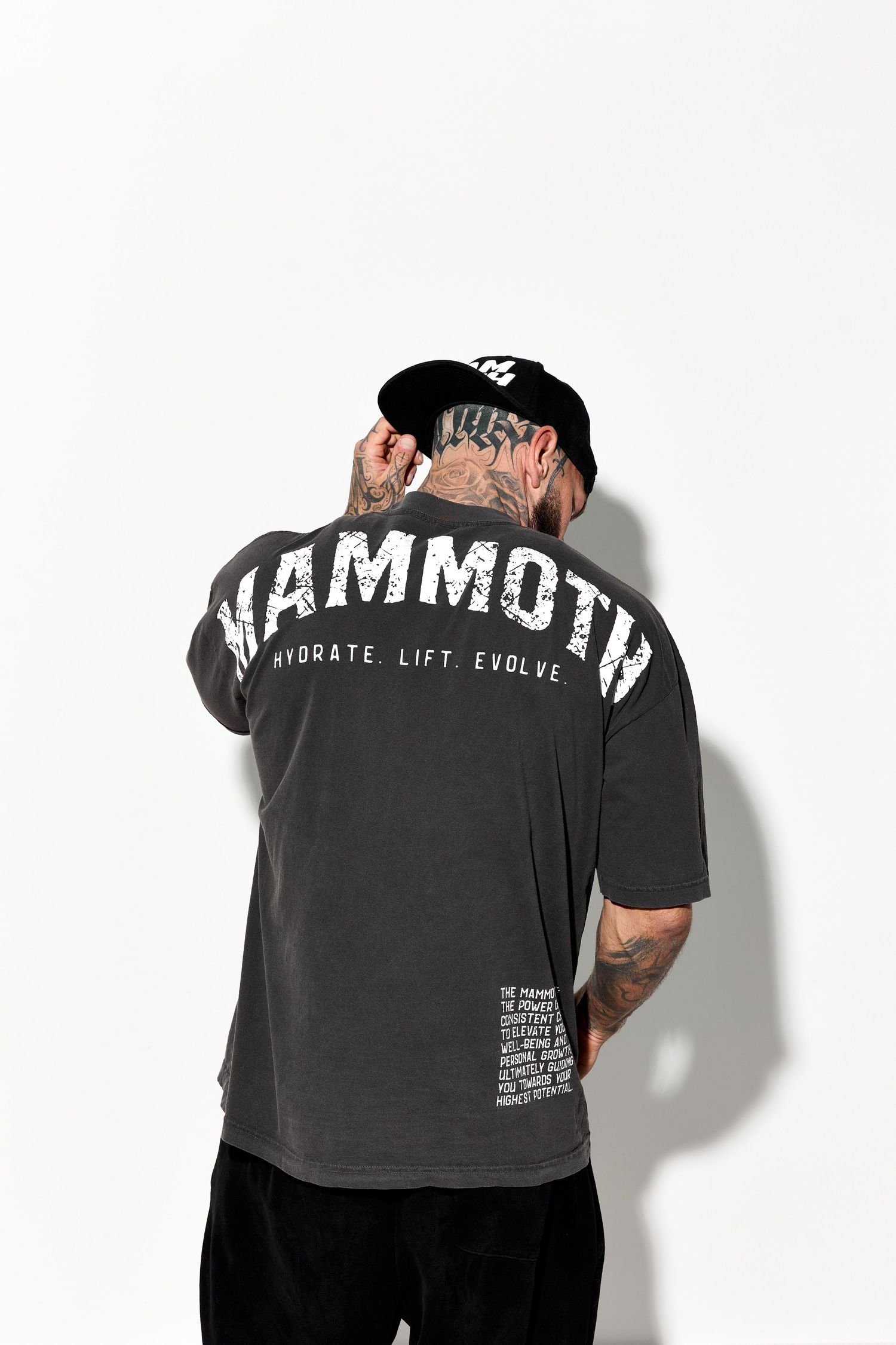 Black t-shirt with MAMMOTH branding shown from multiple back angles.