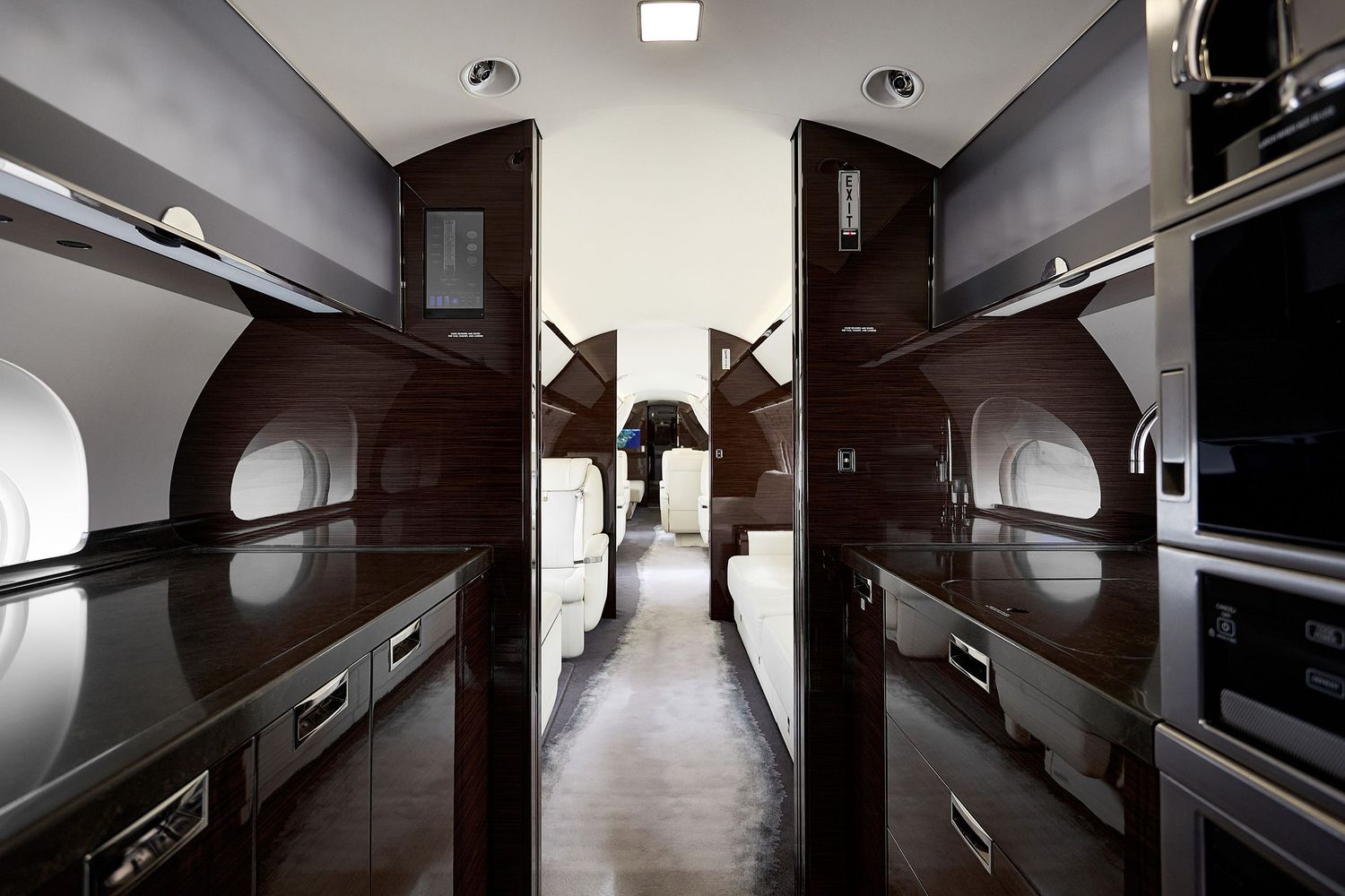 Sleek private jet galley area with dark wood finishes and modern lighting fixtures.